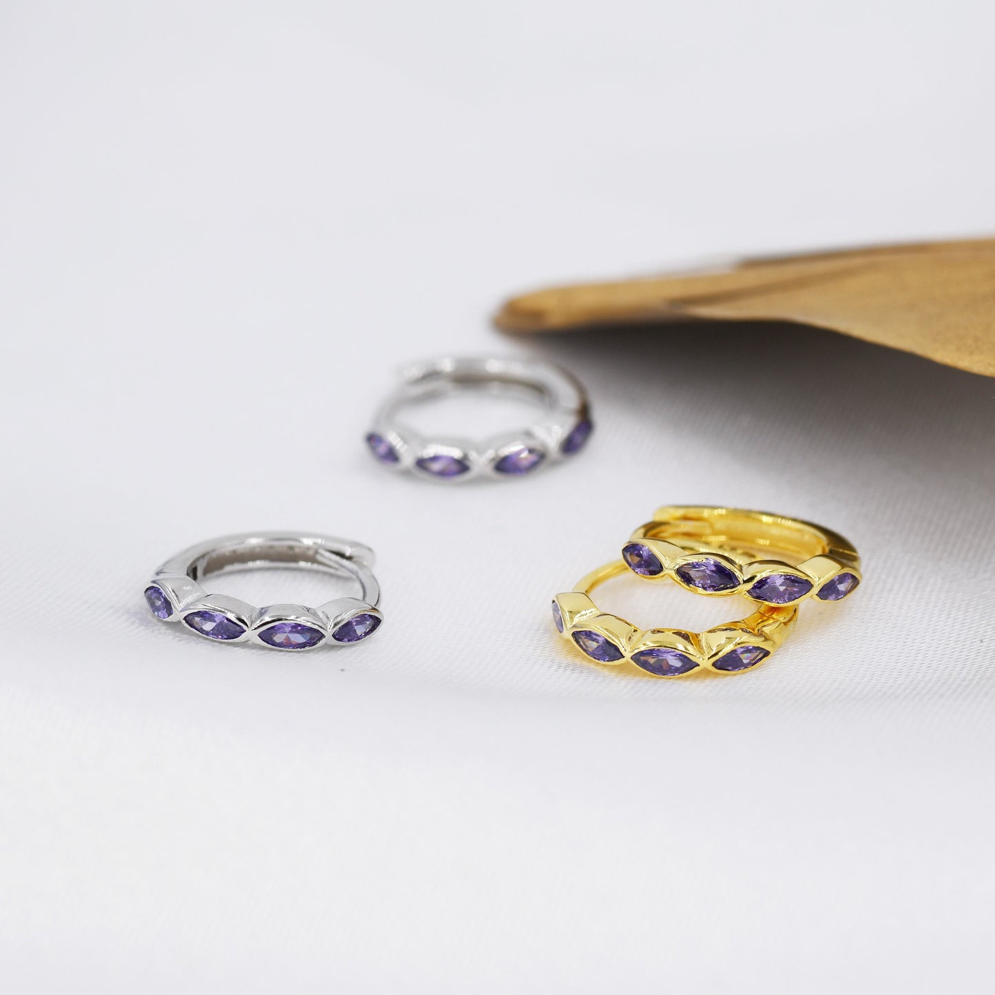 Amethyst Purple Marquise CZ Huggie Hoop in Sterling Silver, Silver or Gold, Minimalist Simple Lilac Hoop Earrings