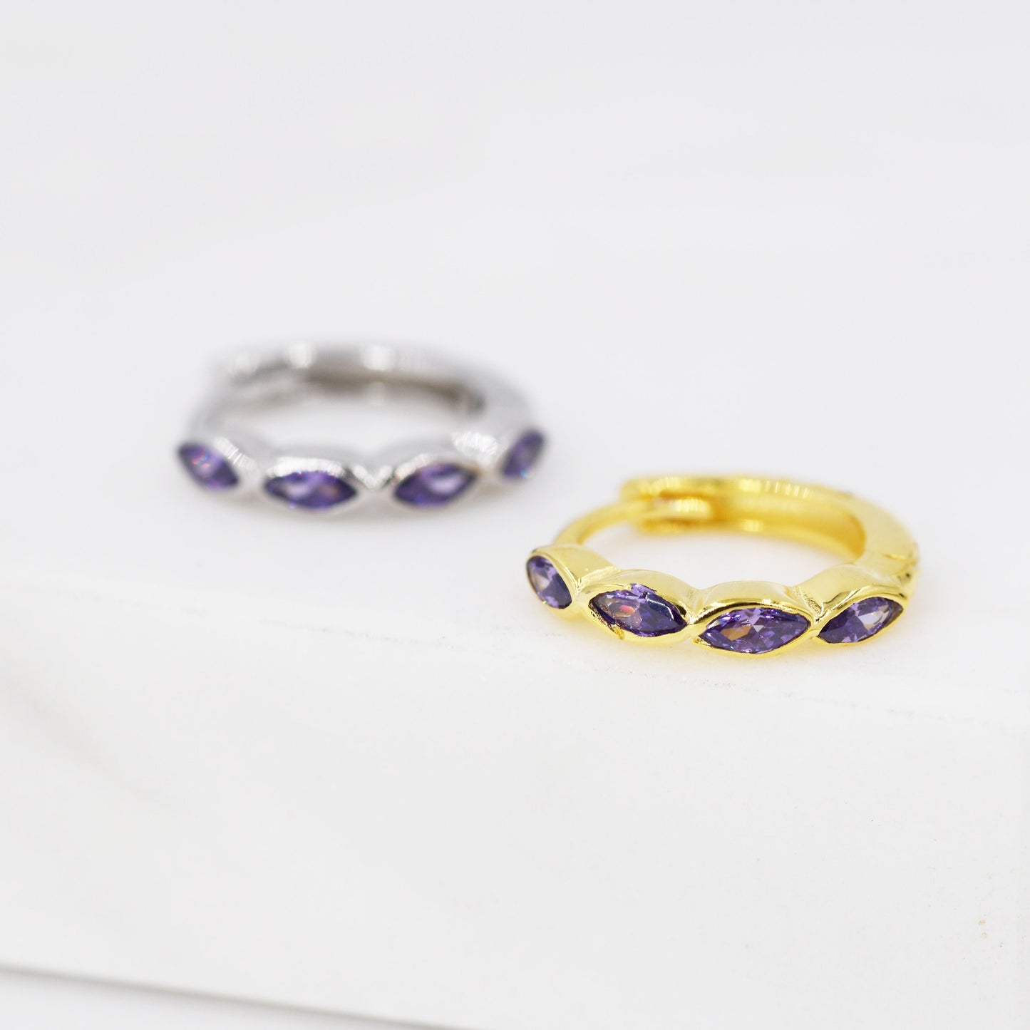 Amethyst Purple Marquise CZ Huggie Hoop in Sterling Silver, Silver or Gold, Minimalist Simple Lilac Hoop Earrings
