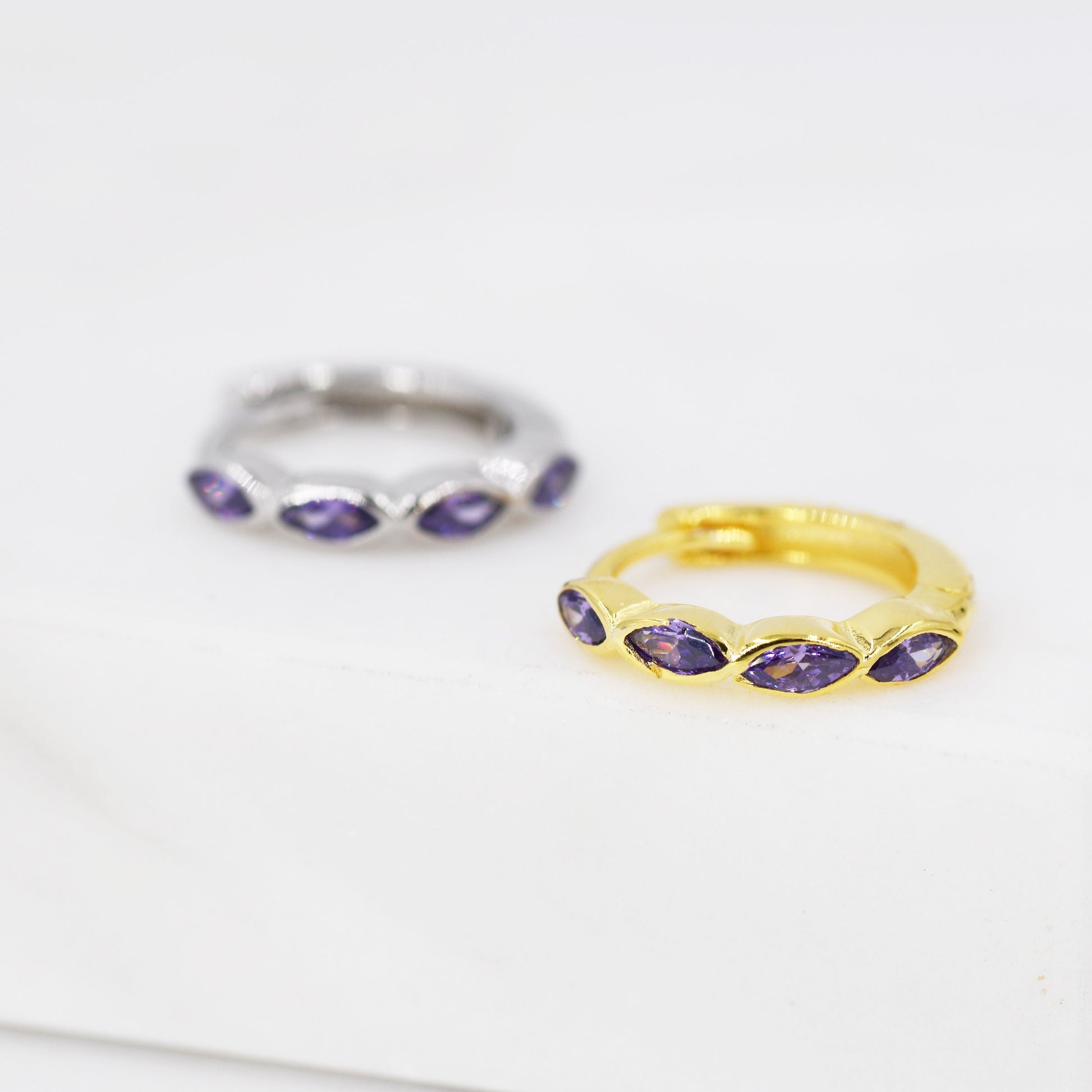 Amethyst Purple Marquise CZ Huggie Hoop in Sterling Silver, Silver or Gold, Minimalist Simple Lilac Hoop Earrings