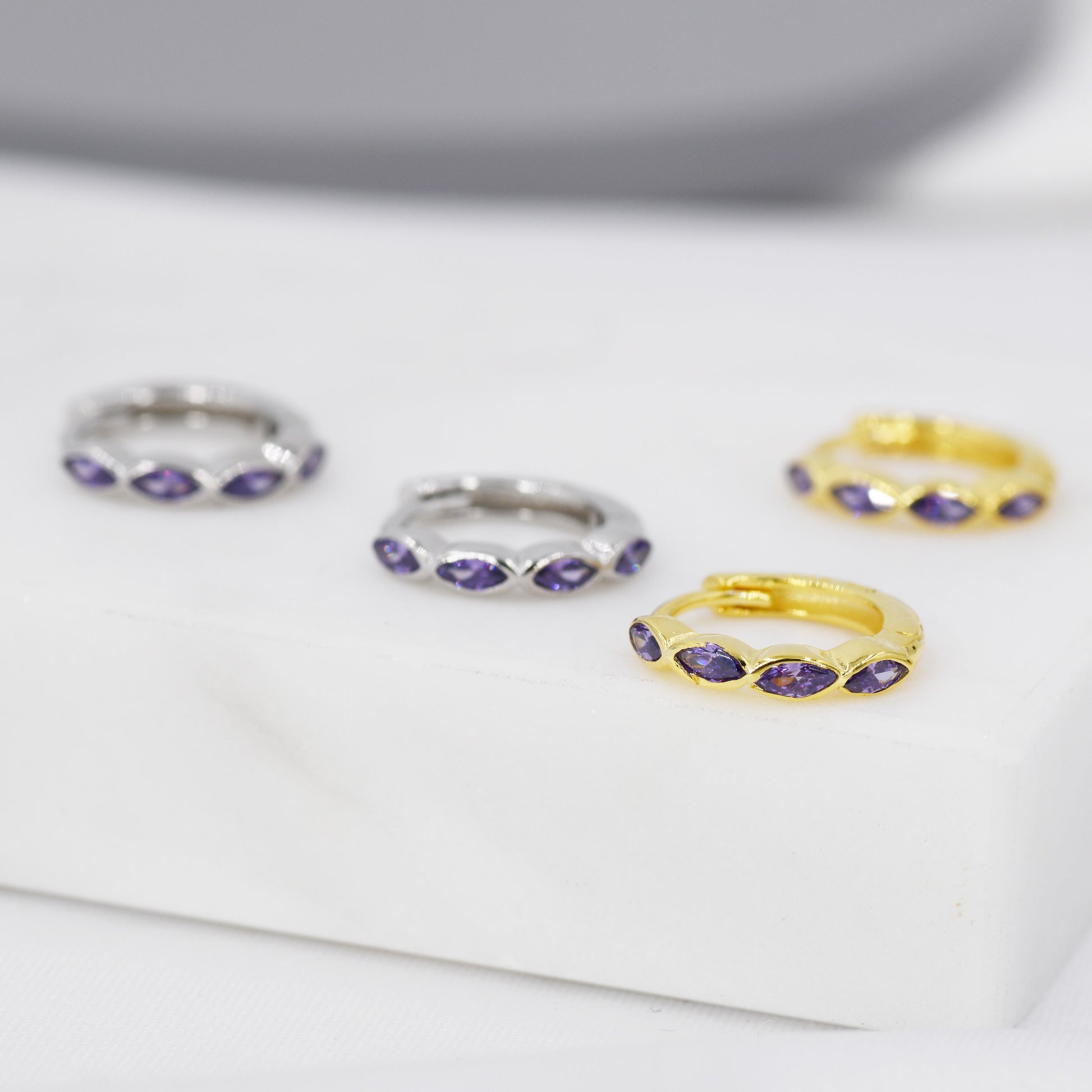 Amethyst Purple Marquise CZ Huggie Hoop in Sterling Silver, Silver or Gold, Minimalist Simple Lilac Hoop Earrings