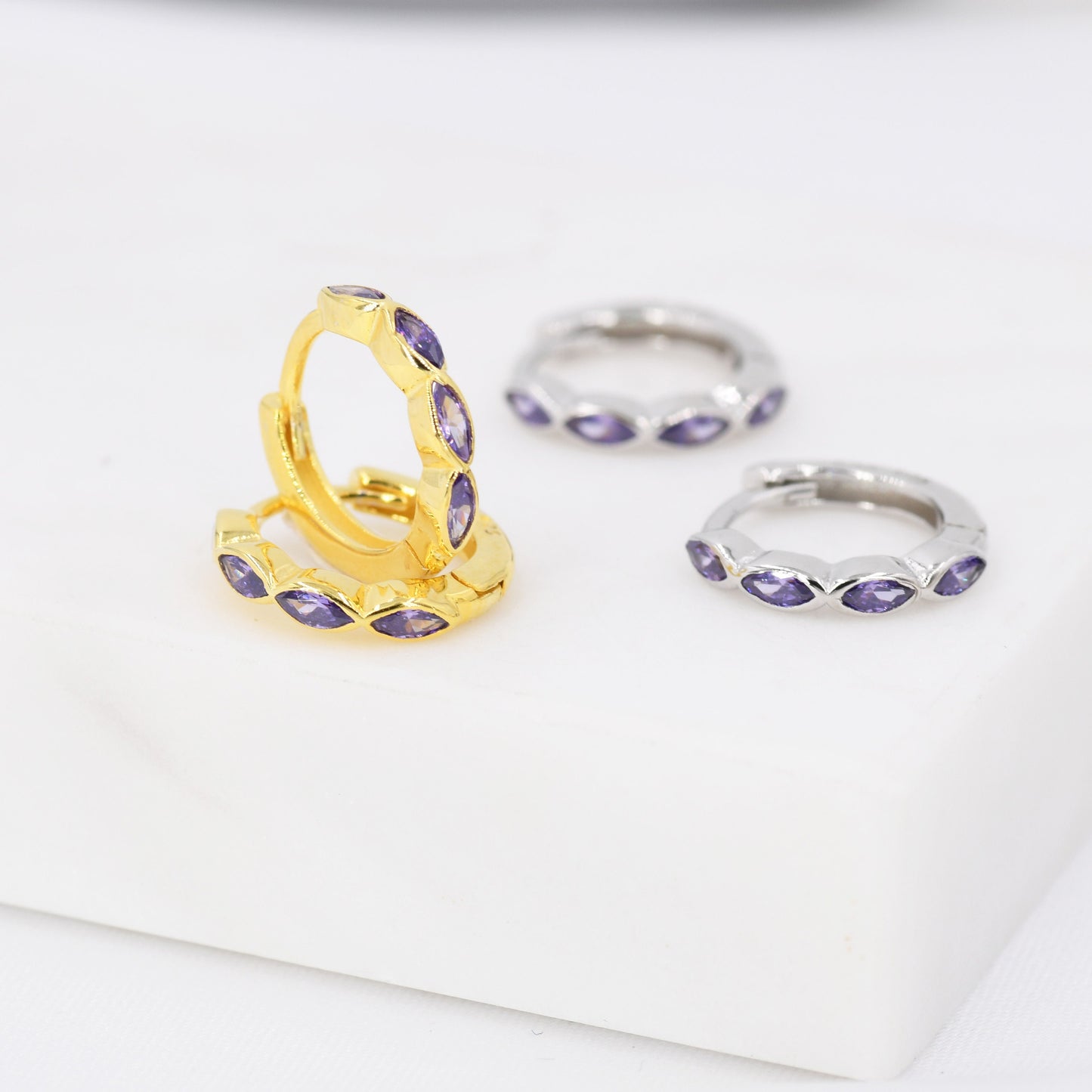 Amethyst Purple Marquise CZ Huggie Hoop in Sterling Silver, Silver or Gold, Minimalist Simple Lilac Hoop Earrings