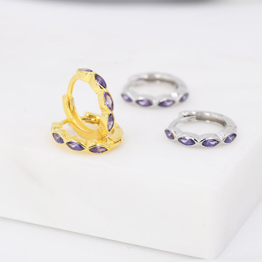 Amethyst Purple Marquise CZ Huggie Hoop in Sterling Silver, Silver or Gold, Minimalist Simple Lilac Hoop Earrings