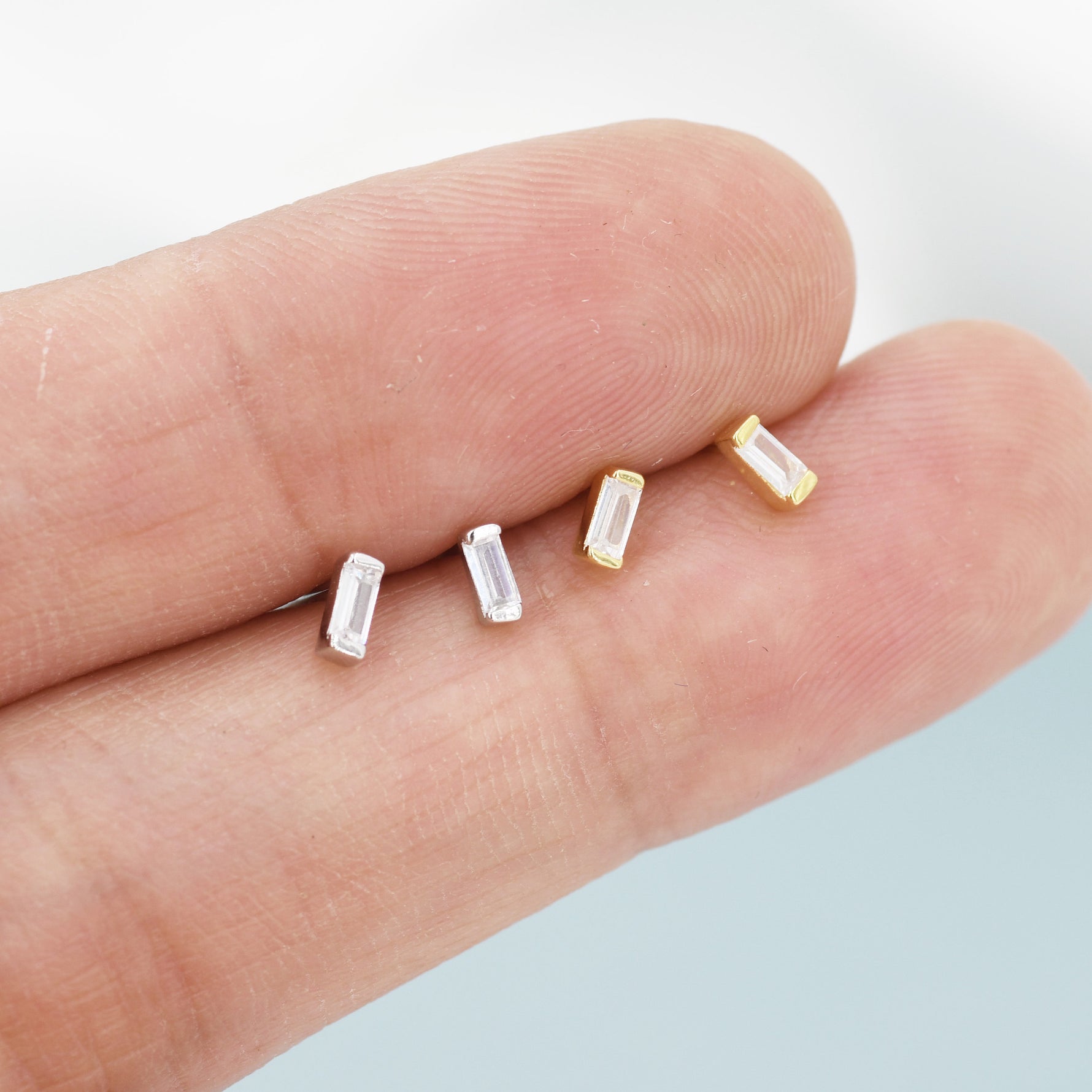 Extra Tiny Baguette CZ Screw Back Earrings in Sterling Silver, Silver or Gold, Geometric CZ Earrings, Stacking Earrings, Barbell Earrings