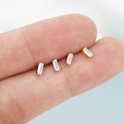 Extra Tiny Baguette CZ Screw Back Earrings in Sterling Silver, Silver or Gold, Geometric CZ Earrings, Stacking Earrings, Barbell Earrings