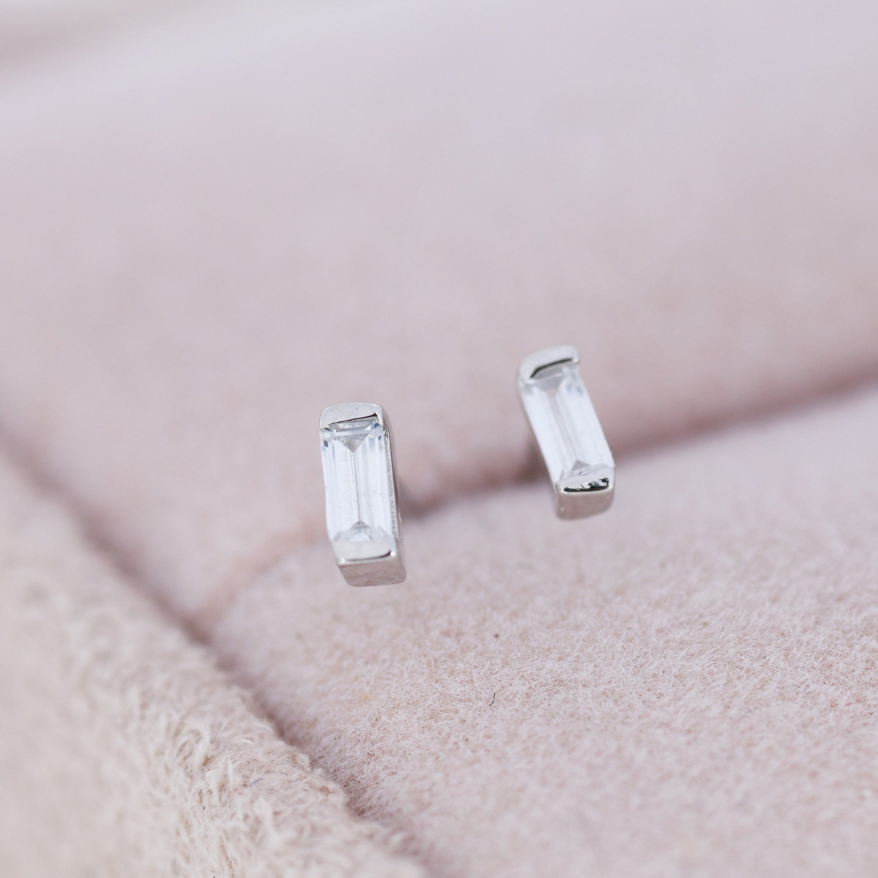Extra Tiny Baguette CZ Stud Earrings in Sterling Silver, Silver or Gold, Geometric CZ Earrings, Stacking Earrings