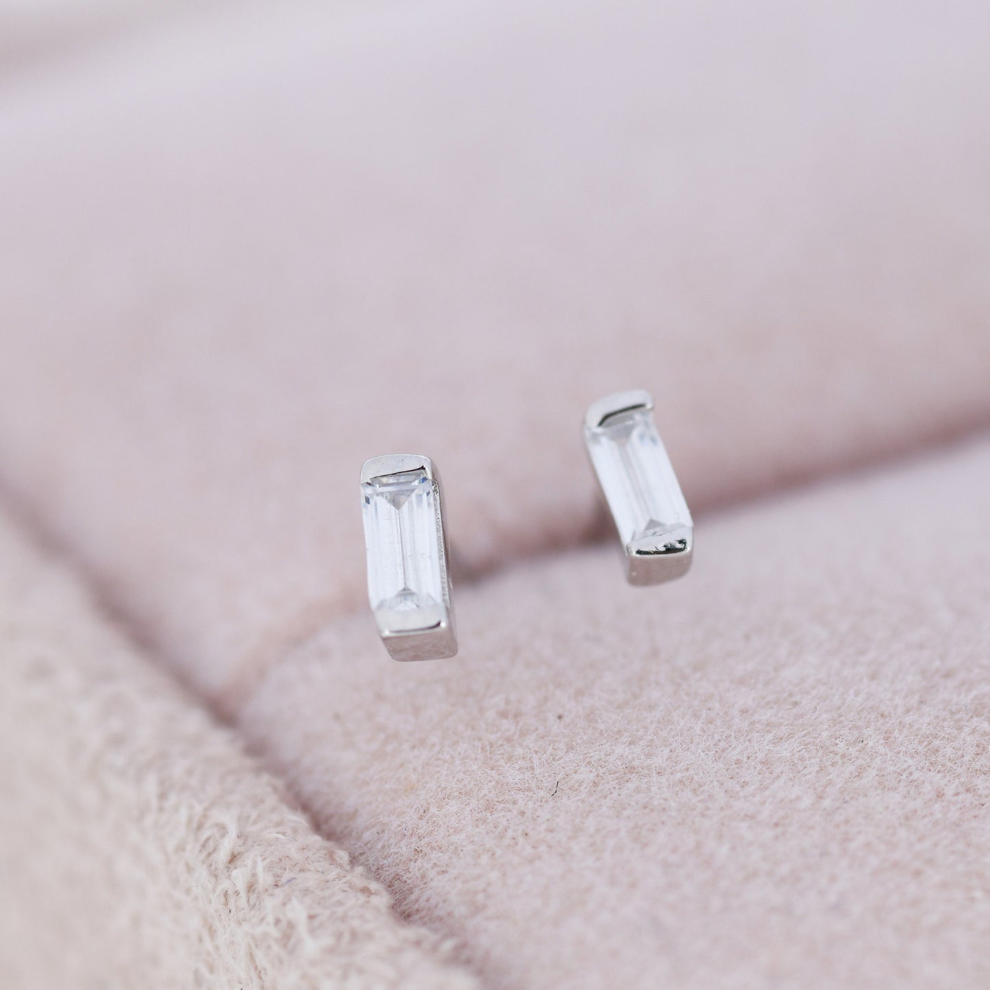 Extra Tiny Baguette CZ Stud Earrings in Sterling Silver, Silver or Gold, Geometric CZ Earrings, Stacking Earrings