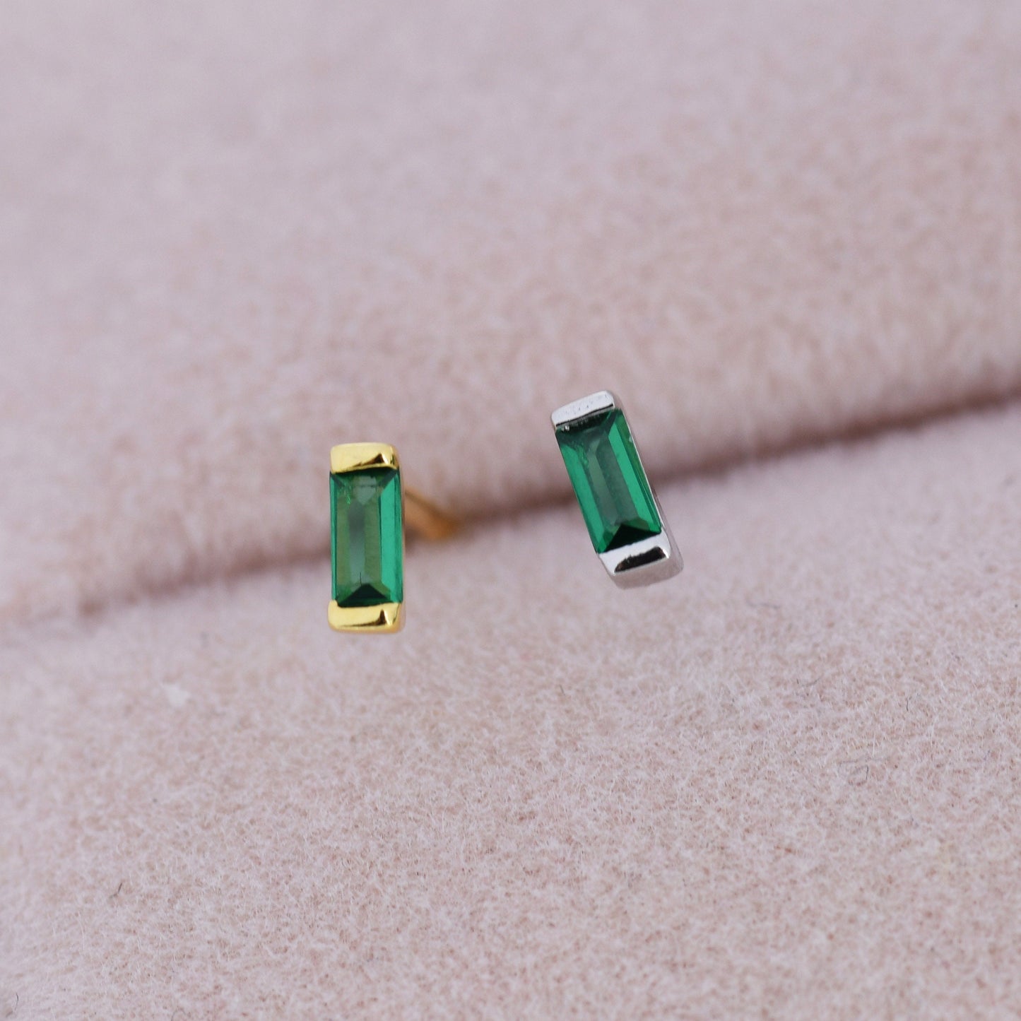 Emerald Green Tiny Baguette CZ Stud Earrings in Sterling Silver, Silver or Gold, Geometric Tiny CZ Earrings, Stacking Earrings