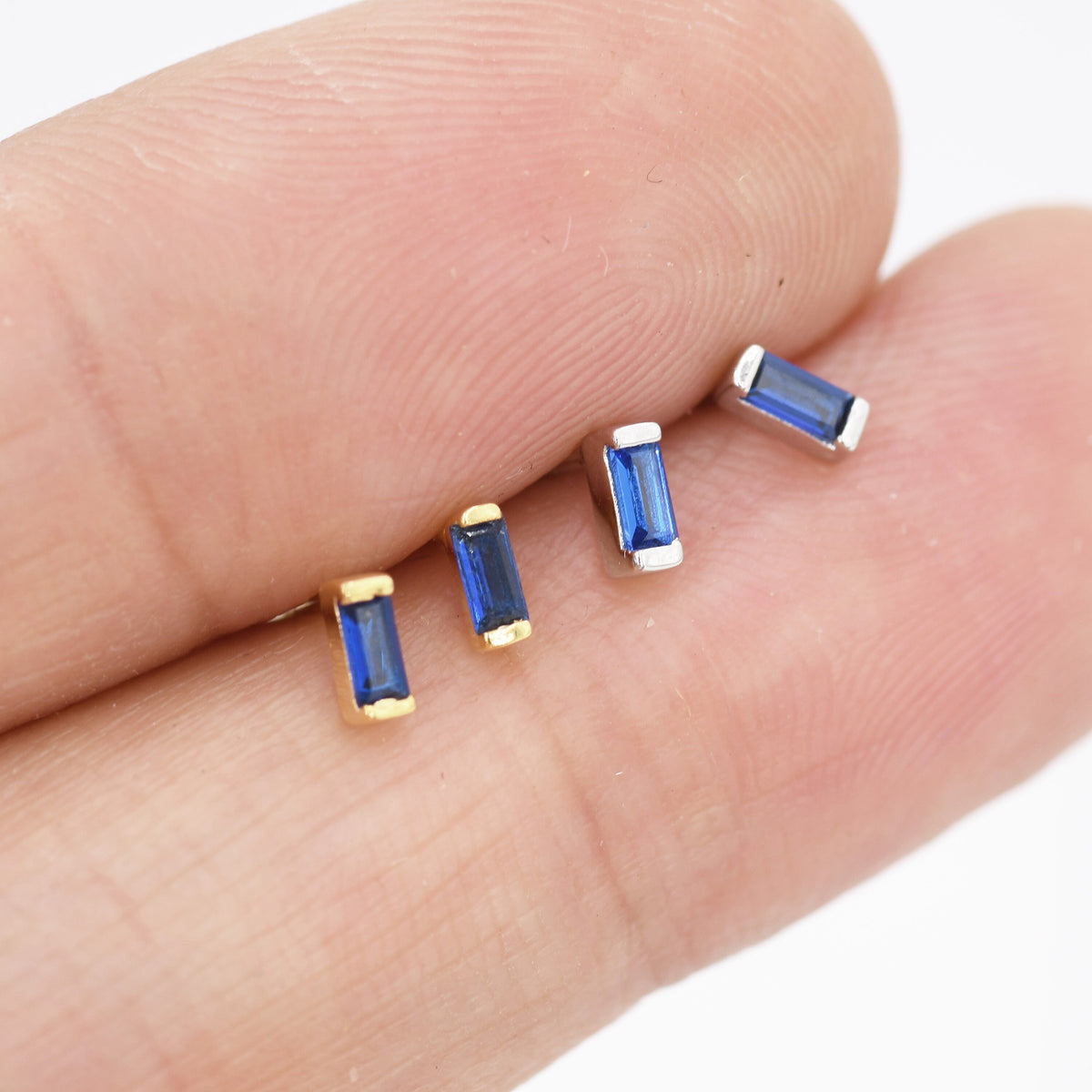 Tiny Sapphire Blue Baguette CZ Stud Earrings