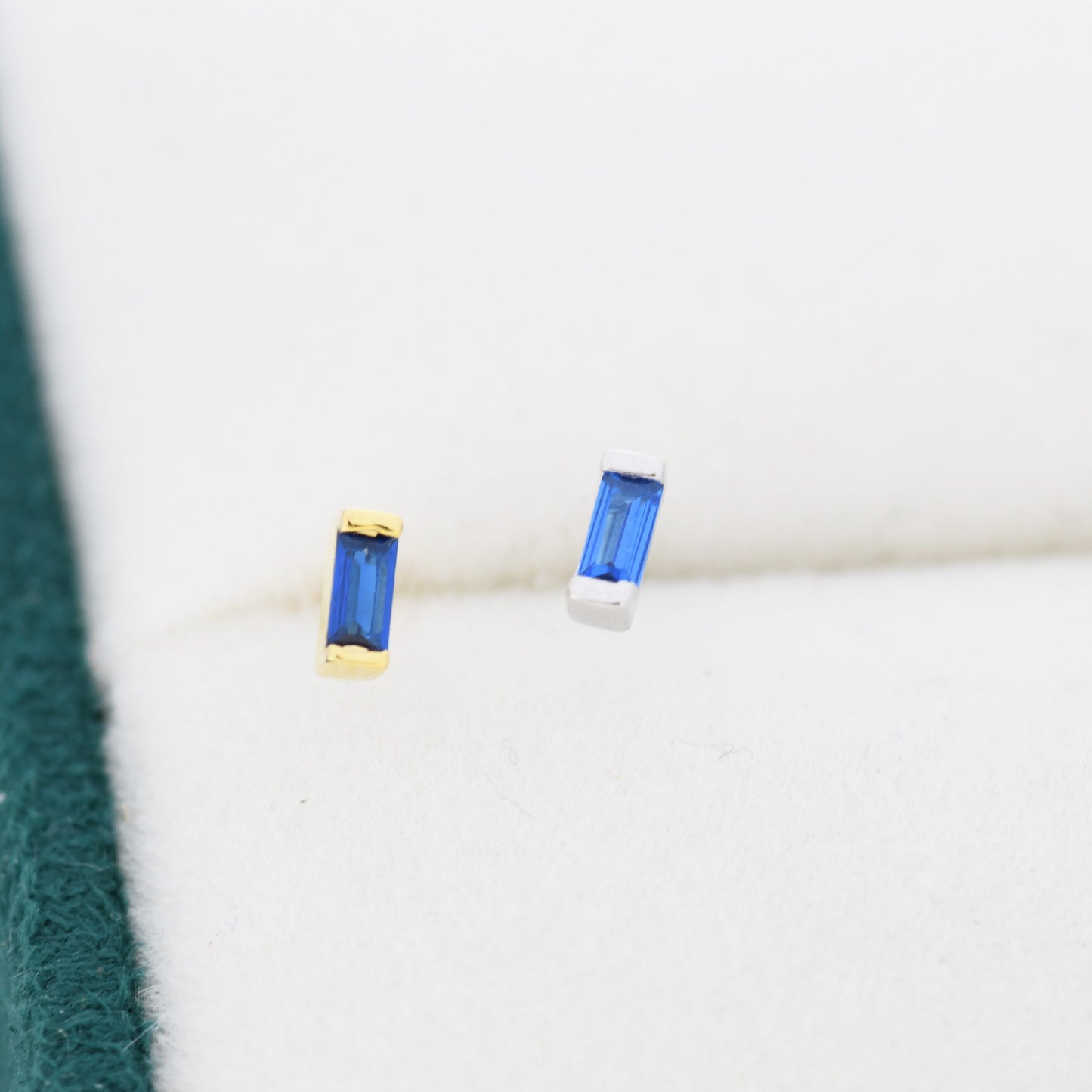 Sapphire Blue Tiny Baguette CZ Stud Earrings in Sterling Silver, Silver or Gold, Geometric Tiny CZ Earrings, Stacking Earrings