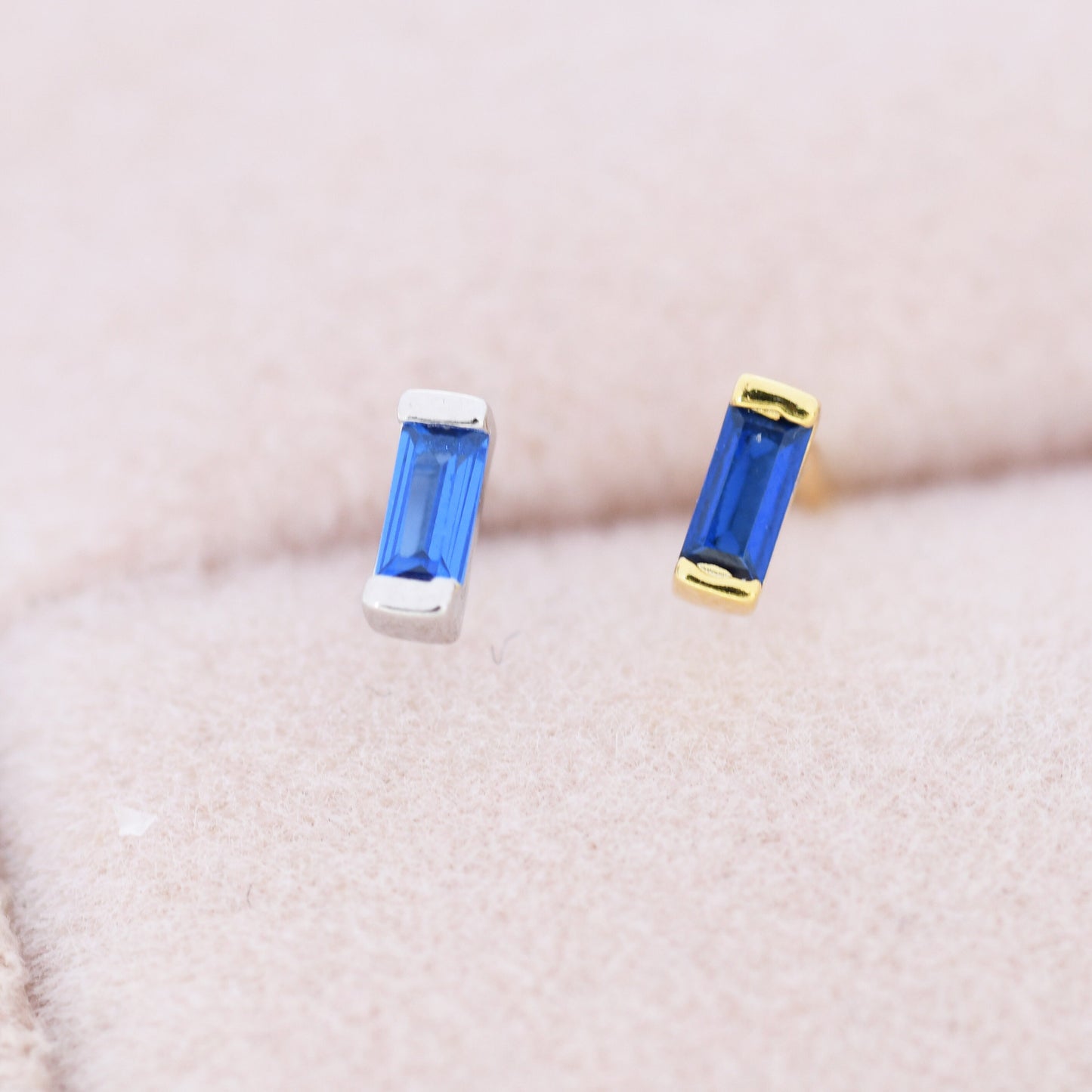 Sapphire Blue Tiny Baguette CZ Stud Earrings in Sterling Silver, Silver or Gold, Geometric Tiny CZ Earrings, Stacking Earrings