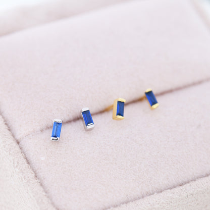 Sapphire Blue Tiny Baguette CZ Stud Earrings in Sterling Silver, Silver or Gold, Geometric Tiny CZ Earrings, Stacking Earrings