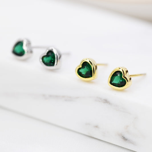 Tiny Emerald Green CZ Heart Stud Earrings in Sterling Silver, Silver or Gold, Green Crystal Heart Earrings, Stacking Earrings