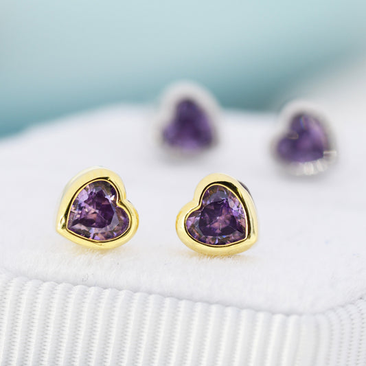 Tiny Amethyst Purple CZ Heart Stud Earrings in Sterling Silver, Silver or Gold, Purple Crystal Heart Earrings, Stacking Earrings