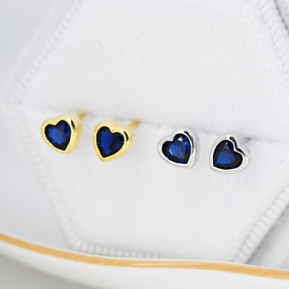 Tiny Sapphire Blue CZ Heart Stud Earrings in Sterling Silver, Silver or Gold, Blue Crystal Heart Earrings, Stacking Earrings