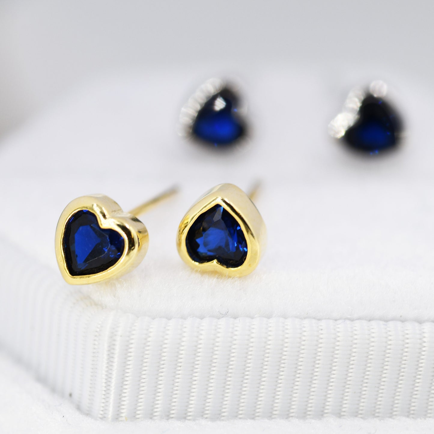 Tiny Sapphire Blue CZ Heart Stud Earrings in Sterling Silver, Silver or Gold, Blue Crystal Heart Earrings, Stacking Earrings