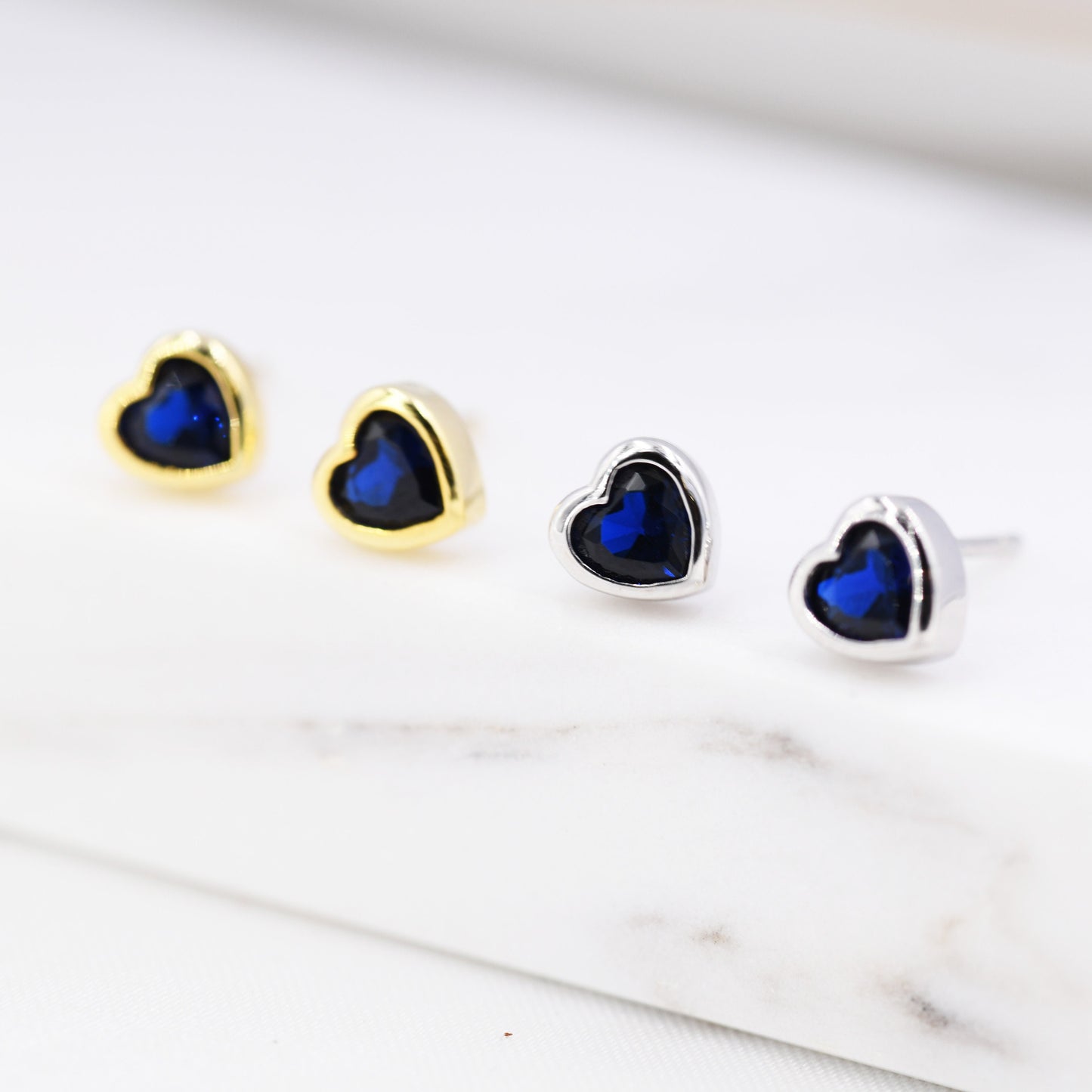 Tiny Sapphire Blue CZ Heart Stud Earrings in Sterling Silver, Silver or Gold, Blue Crystal Heart Earrings, Stacking Earrings