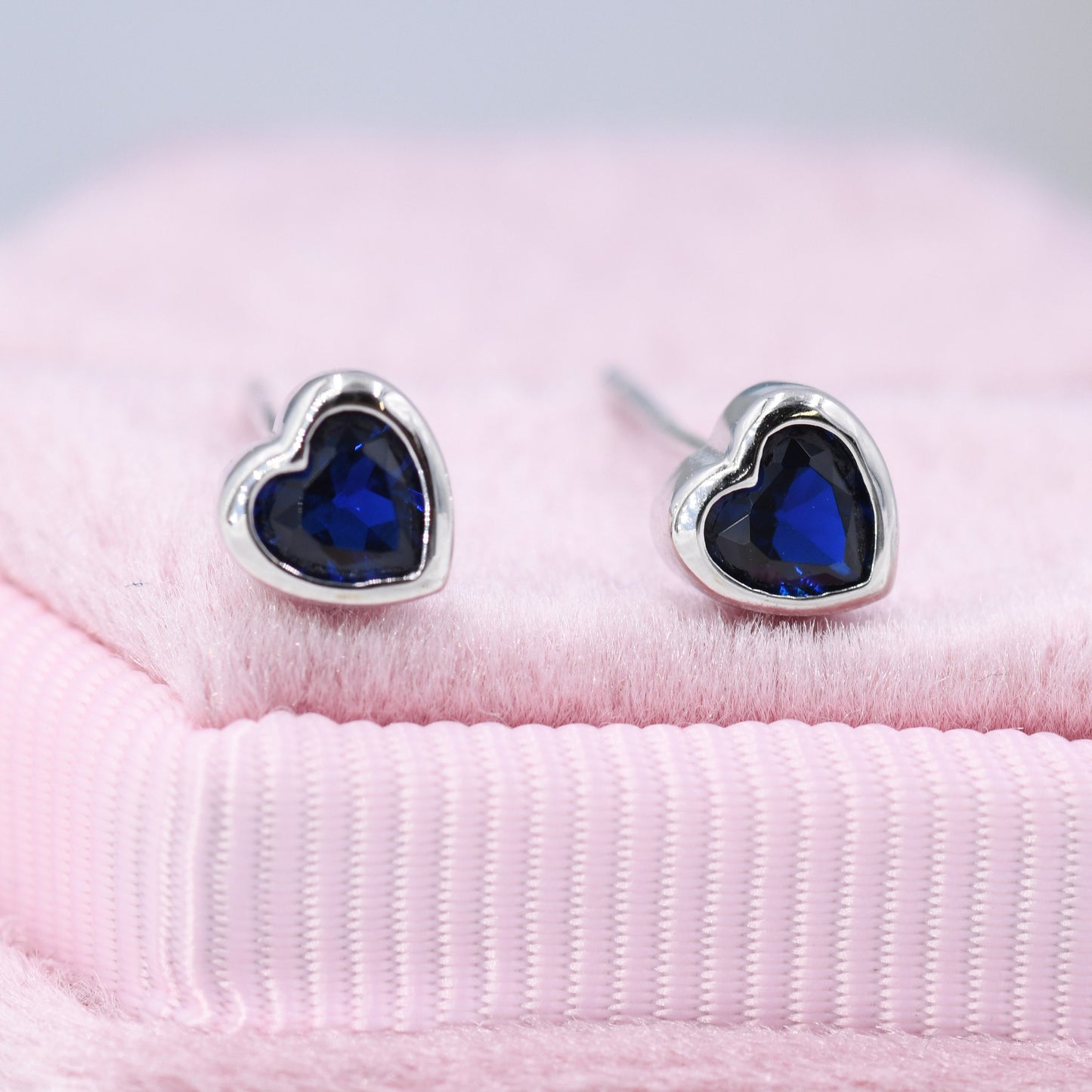 Tiny Sapphire Blue CZ Heart Stud Earrings in Sterling Silver, Silver or Gold, Blue Crystal Heart Earrings, Stacking Earrings