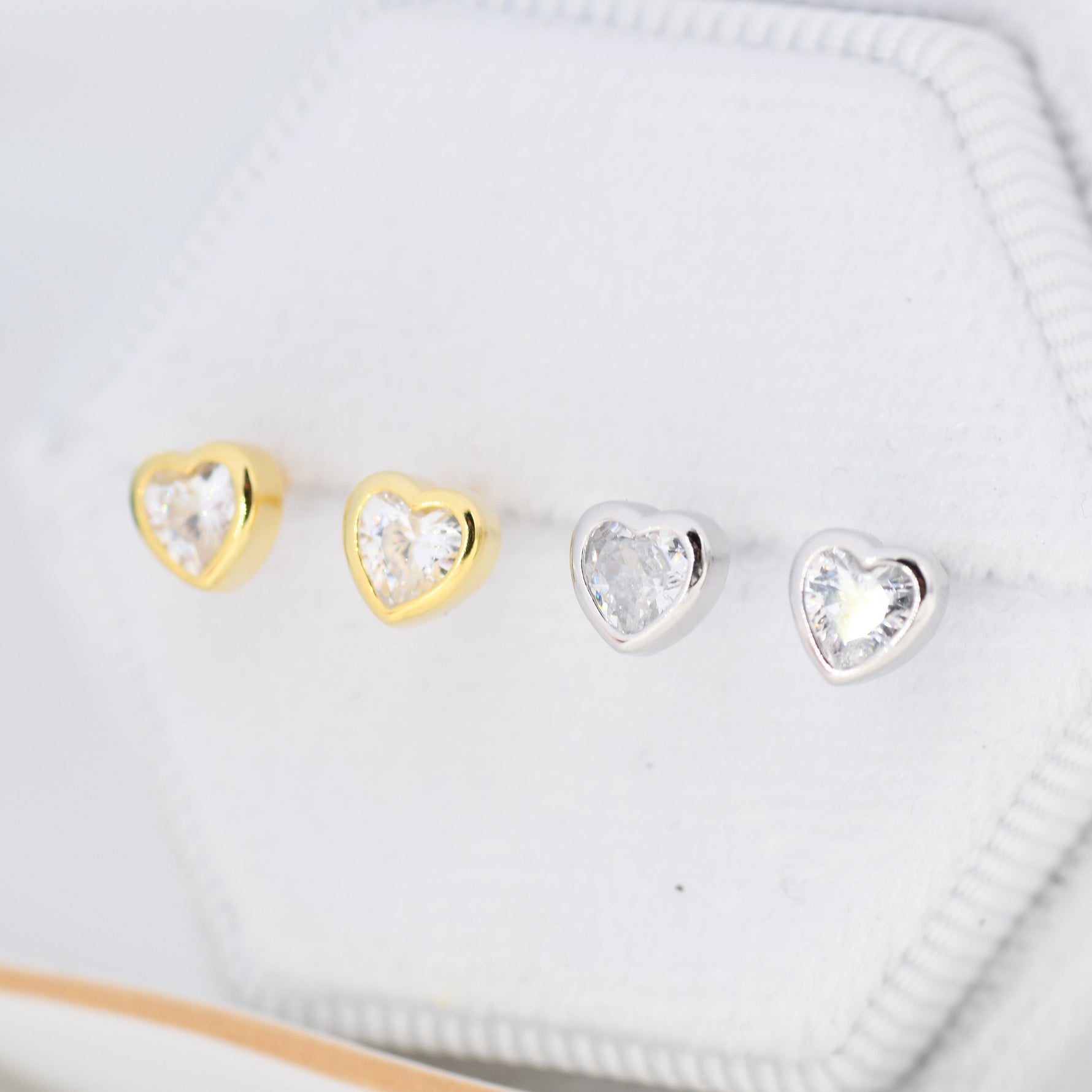 Tiny CZ Heart Stud Earrings in Sterling Silver, Silver or Gold, Crystal Heart Earrings, Stacking Earrings