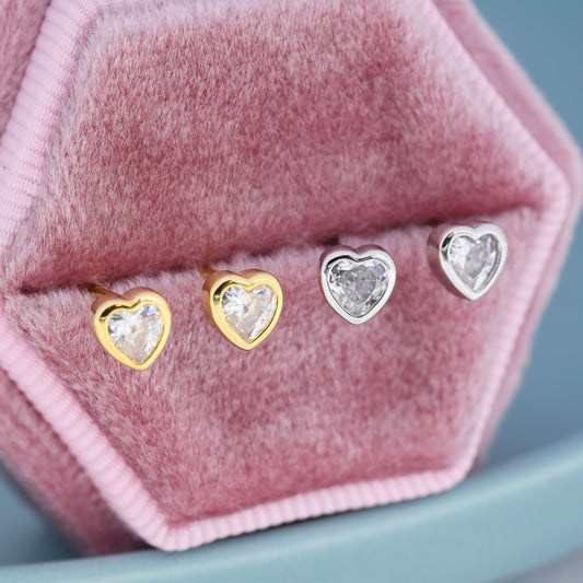 Tiny CZ Heart Stud Earrings in Sterling Silver, Silver or Gold,  Crystal Heart Earrings, Stacking Earrings