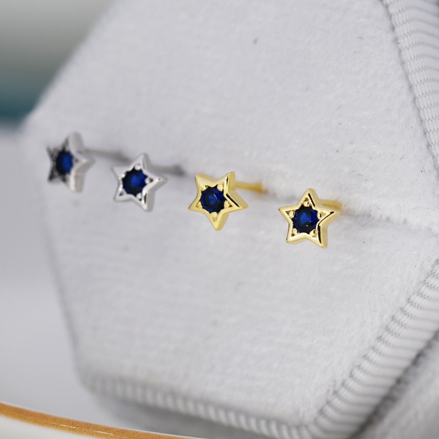 Tiny Sapphire Blue CZ Star Stud Earrings in Sterling Silver, Silver or Gold,  Blue Crystal Star Earrings, Stacking Earrings