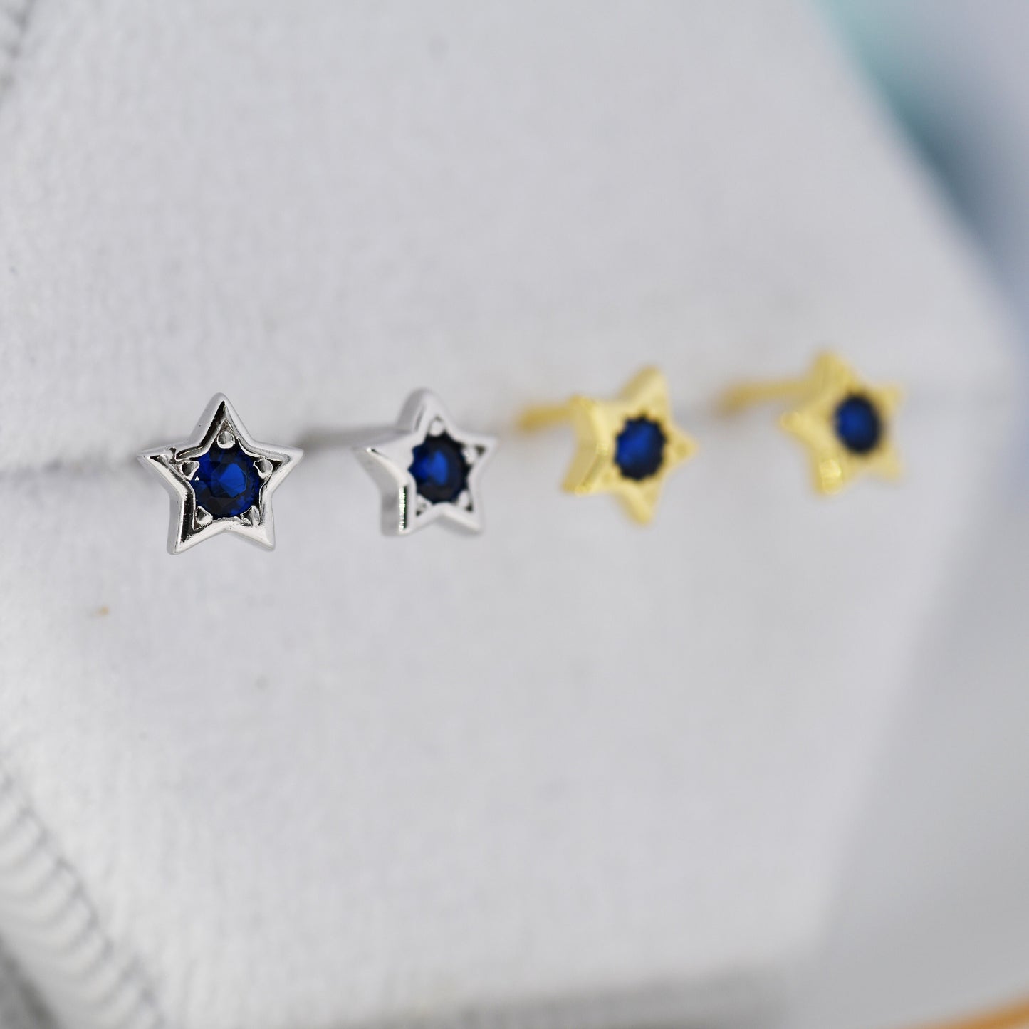 Tiny Sapphire Blue CZ Star Stud Earrings in Sterling Silver, Silver or Gold,  Blue Crystal Star Earrings, Stacking Earrings