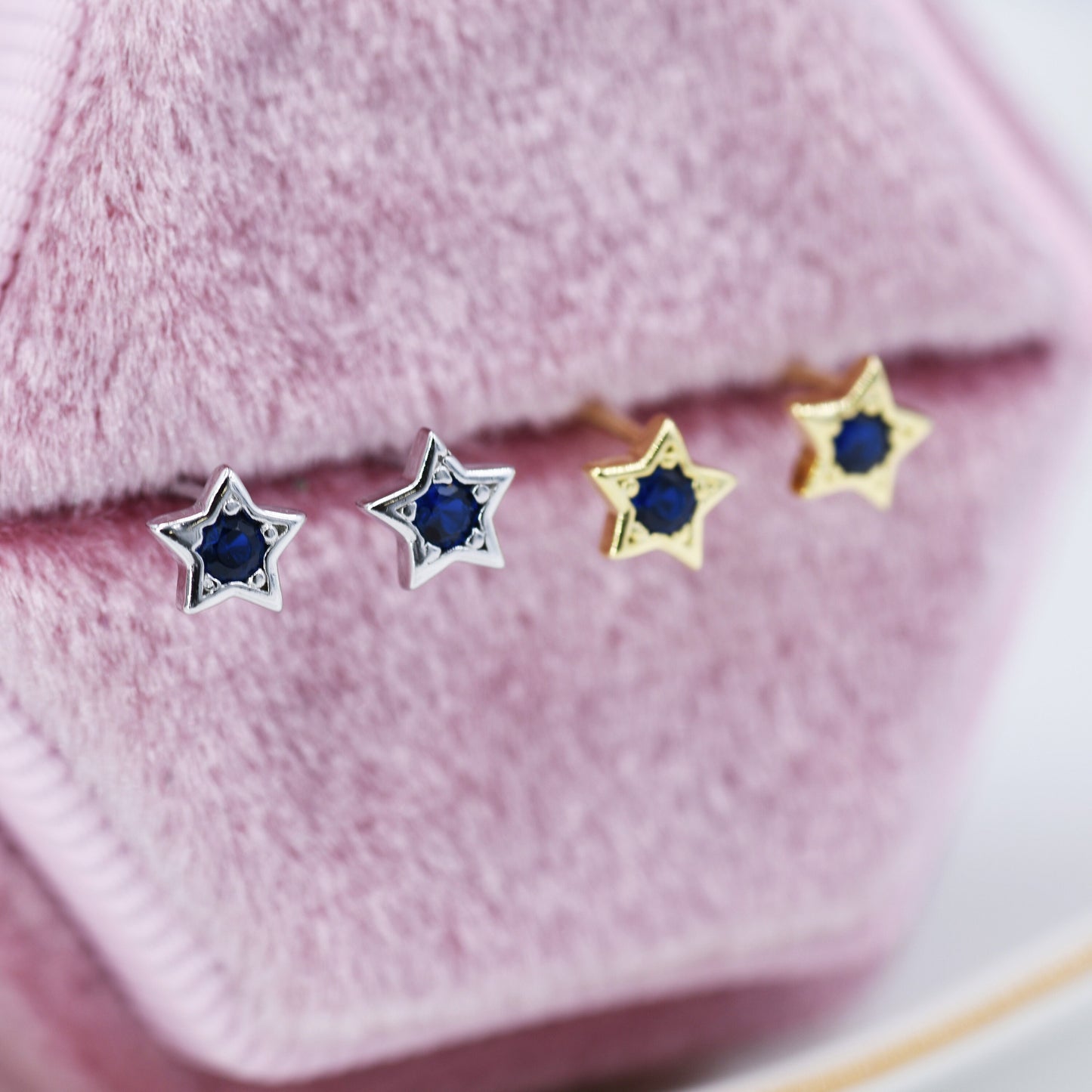 Tiny Sapphire Blue CZ Star Stud Earrings in Sterling Silver, Silver or Gold,  Blue Crystal Star Earrings, Stacking Earrings