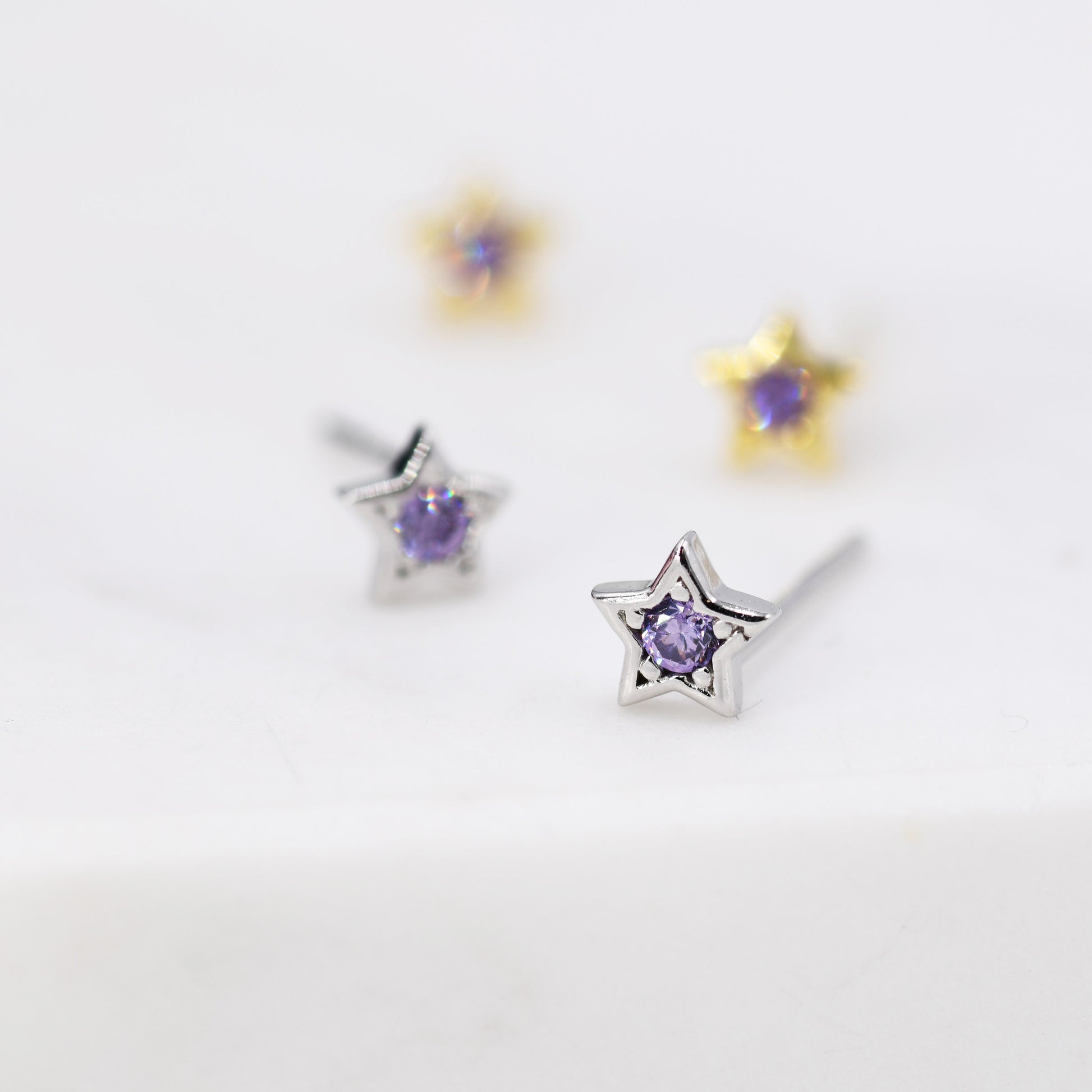 Tiny Amethyst Purple CZ Star Stud Earrings in Sterling Silver, Silver or Gold, Purple Crystal Star Earrings, Stacking Earrings