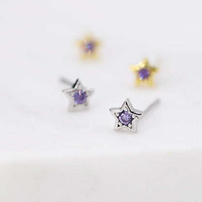 Tiny Amethyst Purple CZ Star Stud Earrings in Sterling Silver, Silver or Gold, Purple Crystal Star Earrings, Stacking Earrings