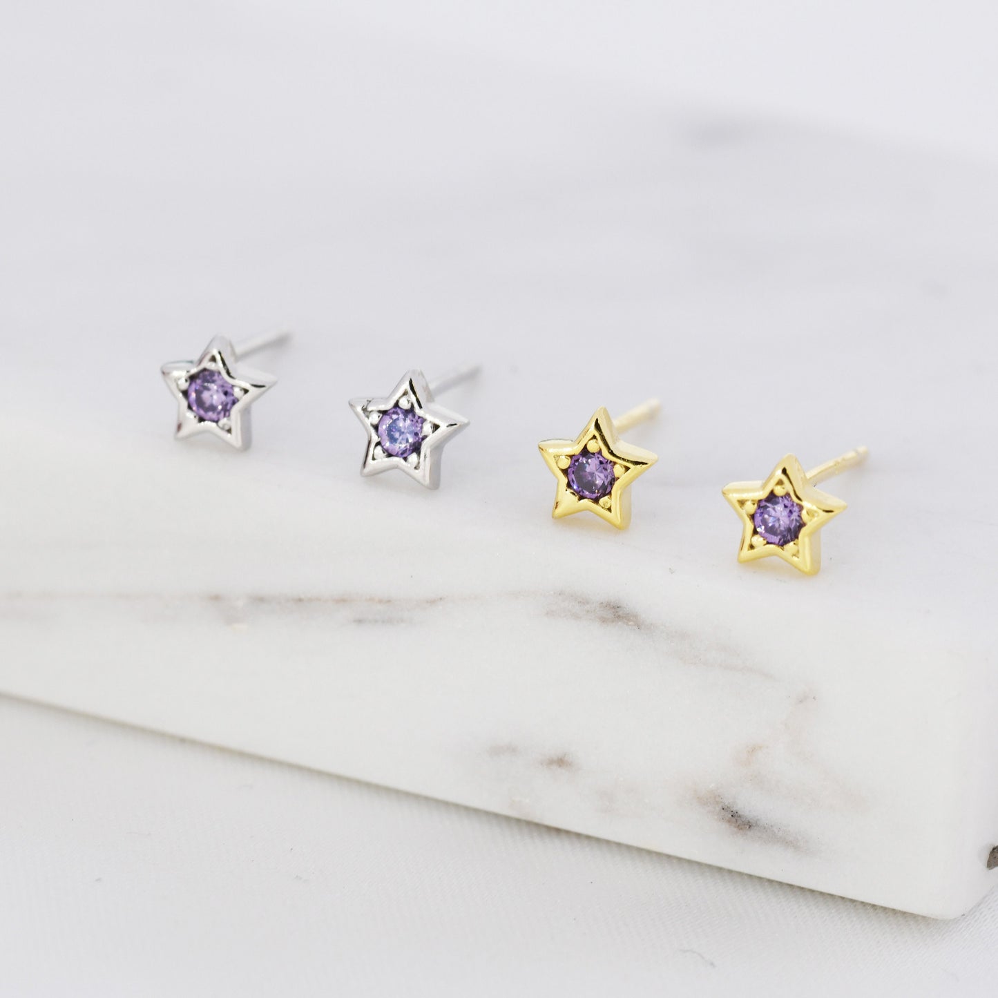 Tiny Amethyst Purple CZ Star Stud Earrings in Sterling Silver, Silver or Gold, Purple Crystal Star Earrings, Stacking Earrings