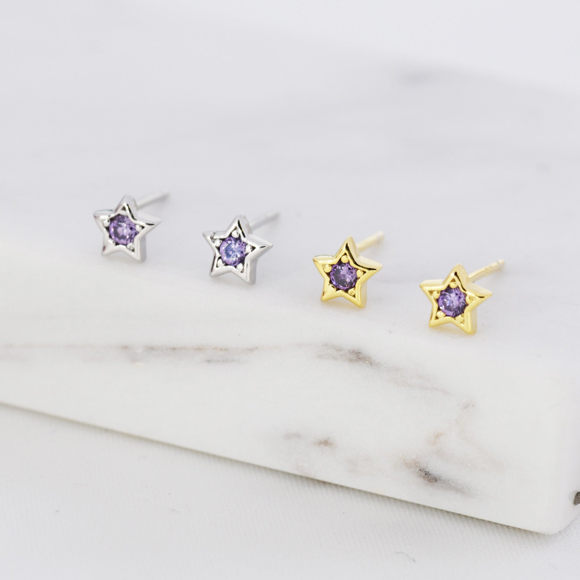 Tiny Amethyst Purple CZ Star Stud Earrings in Sterling Silver, Silver or Gold, Purple Crystal Star Earrings, Stacking Earrings