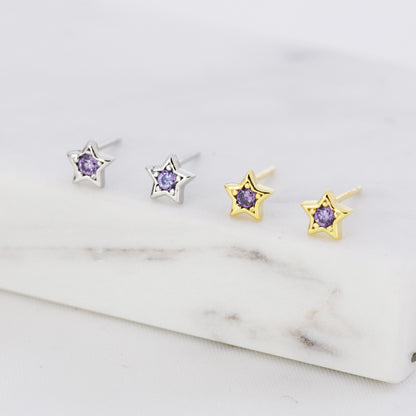 Tiny Amethyst Purple CZ Star Stud Earrings in Sterling Silver, Silver or Gold, Purple Crystal Star Earrings, Stacking Earrings