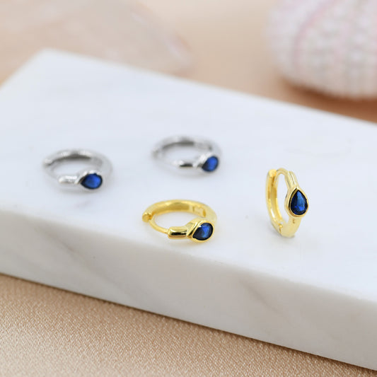 Sapphire Blue Pear Cut CZ Huggie Hoop in Sterling Silver, Silver or Gold, Minimalist Simple Blue Hoop Earrings