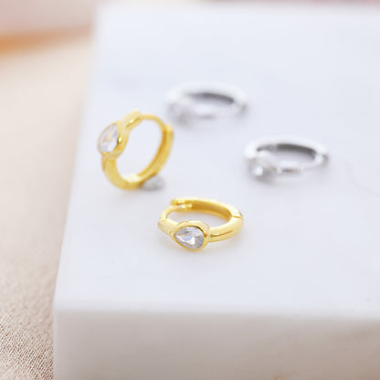 Single Pear Cut CZ Huggie Hoop in Sterling Silver, Silver or Gold, Minimalist Simple CZ Hoop Earrings