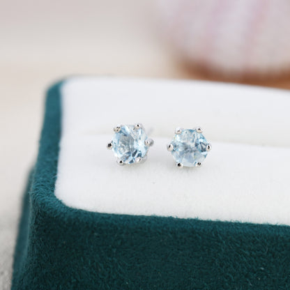 Genuine Sky Blue Blue Topaz Stud Earrings in Sterling Silver, Silver or Gold, Trillion Cut Natural  Blue Topaz Earrings, Double Pronged