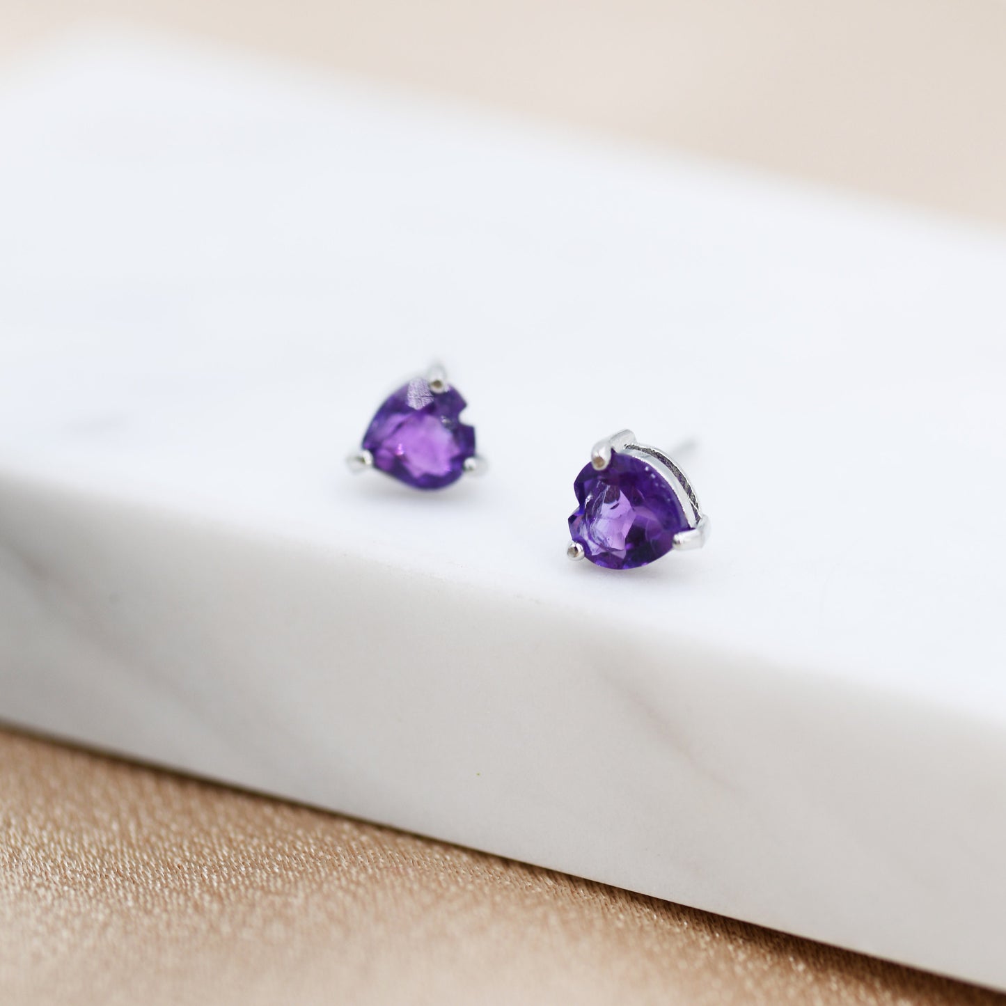 Genuine Amethyst Heart Stud Earrings in Sterling Silver, Dark Amethyst Crystal Earrings, Natural Purple Amethyst Earrings, Heart Earrings