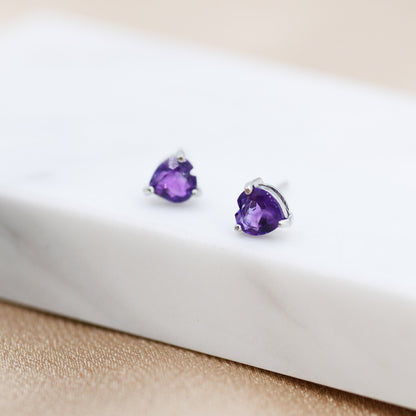 Genuine Amethyst Heart Stud Earrings in Sterling Silver, Dark Amethyst Crystal Earrings, Natural Purple Amethyst Earrings, Heart Earrings