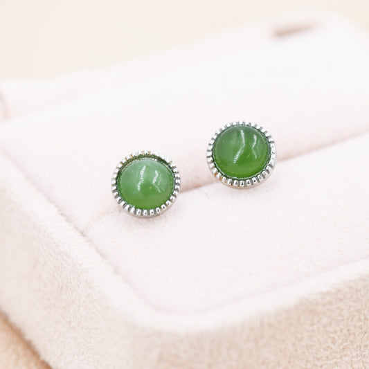 Natural Jade Stud Earrings in Sterling Silver, Green Jade Earrings, Genuine Jade Earrings with Dotted Bezel Setting