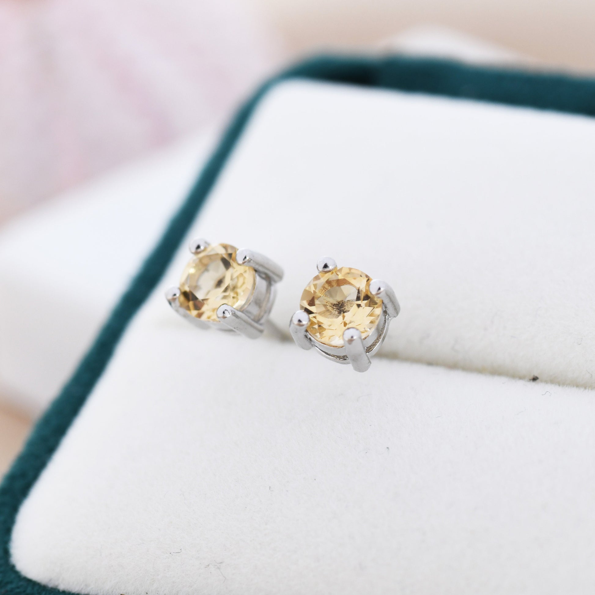 Genuine Yellow Citrine Stud Earrings in Sterling Silver, Silver or Gold, Citrine Earrings, Four Prong Citrine Crystal Earrings