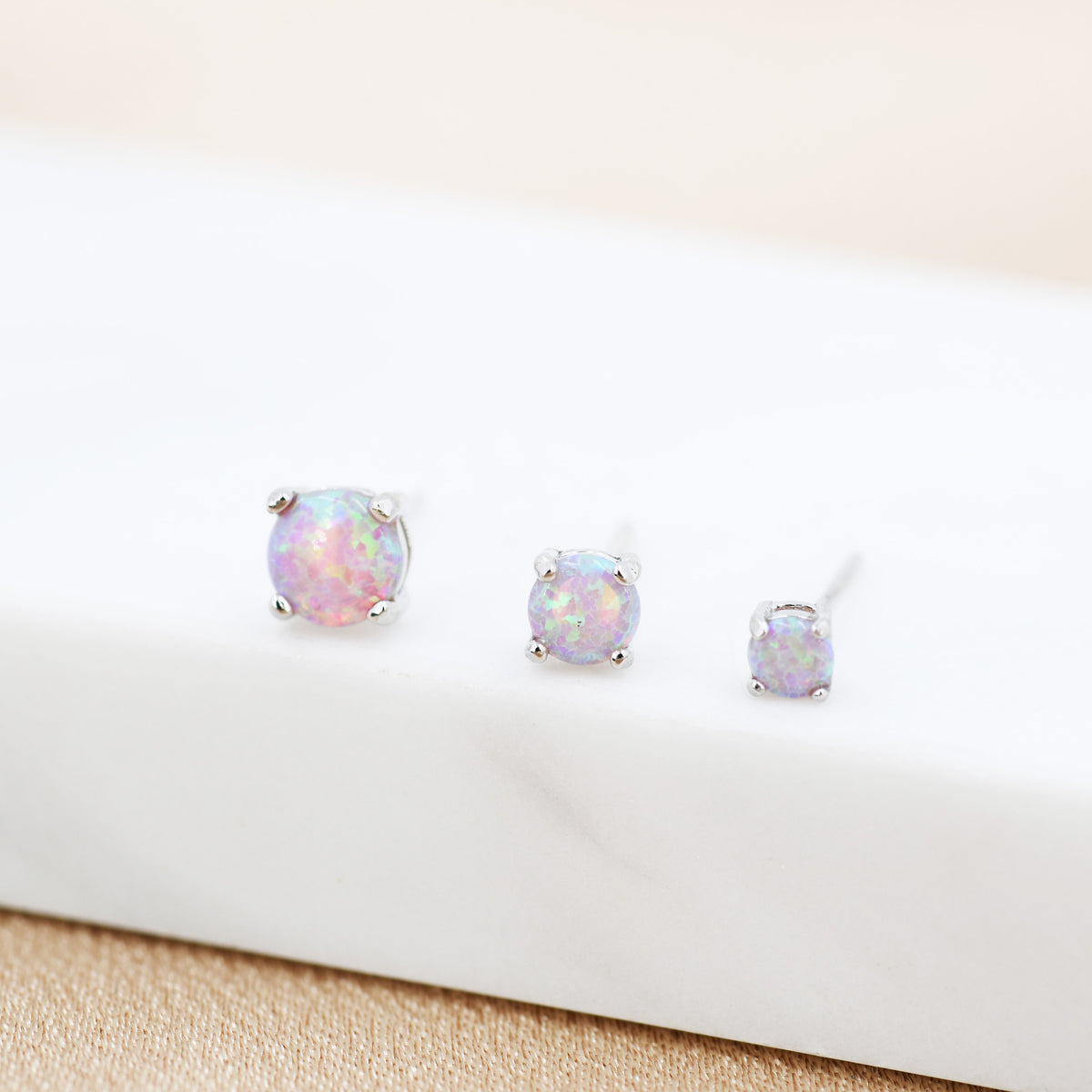 Cosmic Dust Minimalist Opal Stud Earrings in Sterling Silver, Simulated Opal, Blue Lilac Pink Hues