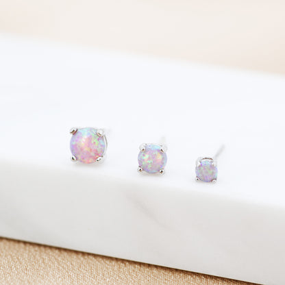 Cosmic Dust Minimalist Opal Stud Earrings in Sterling Silver, Simulated Opal, Blue Lilac Pink Hues