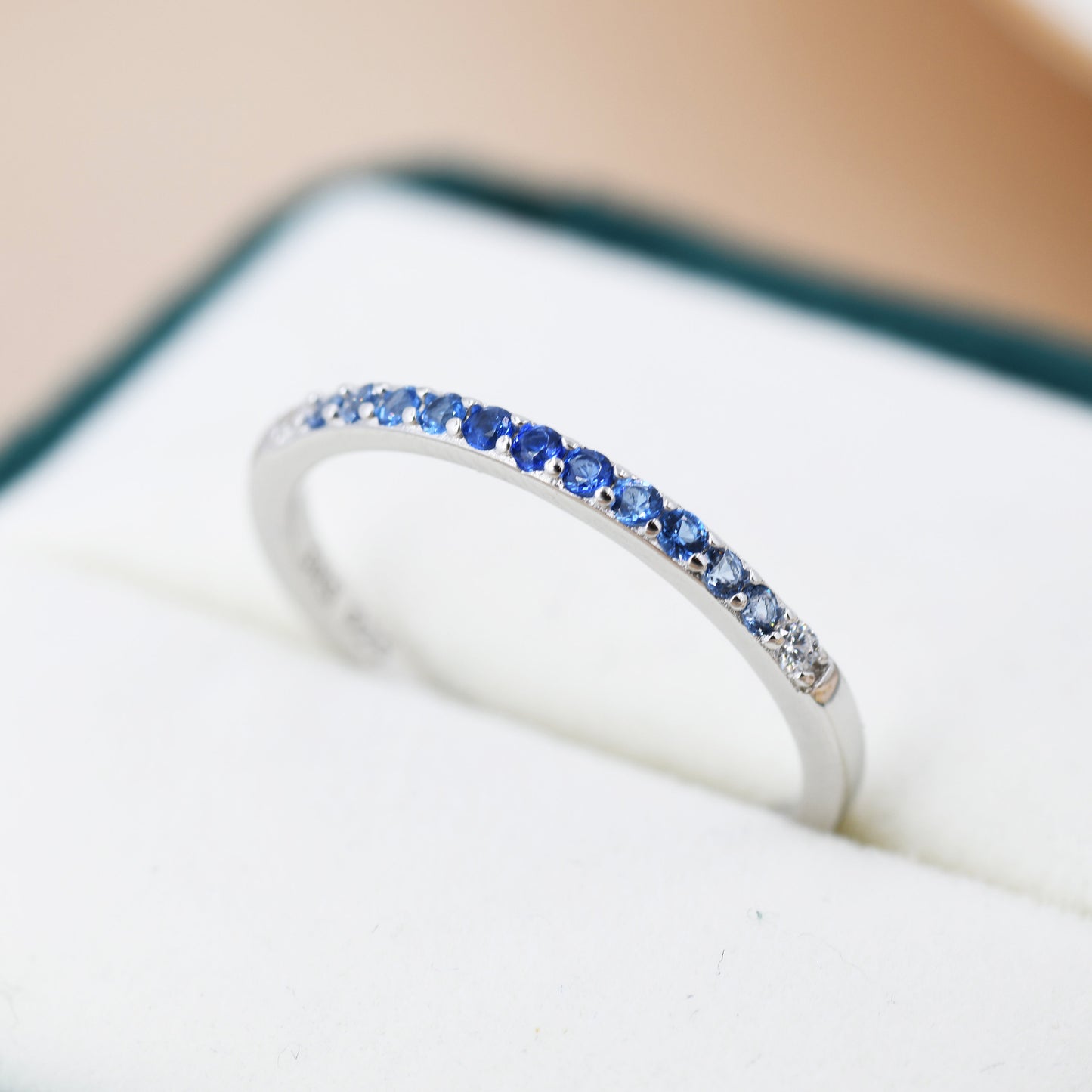 Sapphire Blue Ombre Half Eternity Ring in Sterling Silver, Silver or Gold, Blue Sapphire CZ Skinny Ring, Minimalist Stacking Ring US 5 - 8