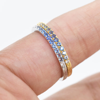 Sapphire Blue Ombre Half Eternity Ring in Sterling Silver, Silver or Gold, Blue Sapphire CZ Skinny Ring, Minimalist Stacking Ring US 5 - 8