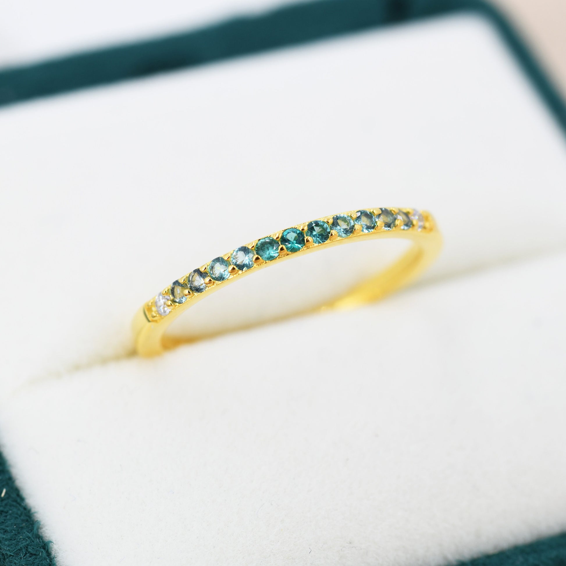Emerald Green Ombre Half Eternity Ring in Sterling Silver, Silver or Gold, Green CZ Skinny Ring, Minimalist Stacking Ring US 5 - 8