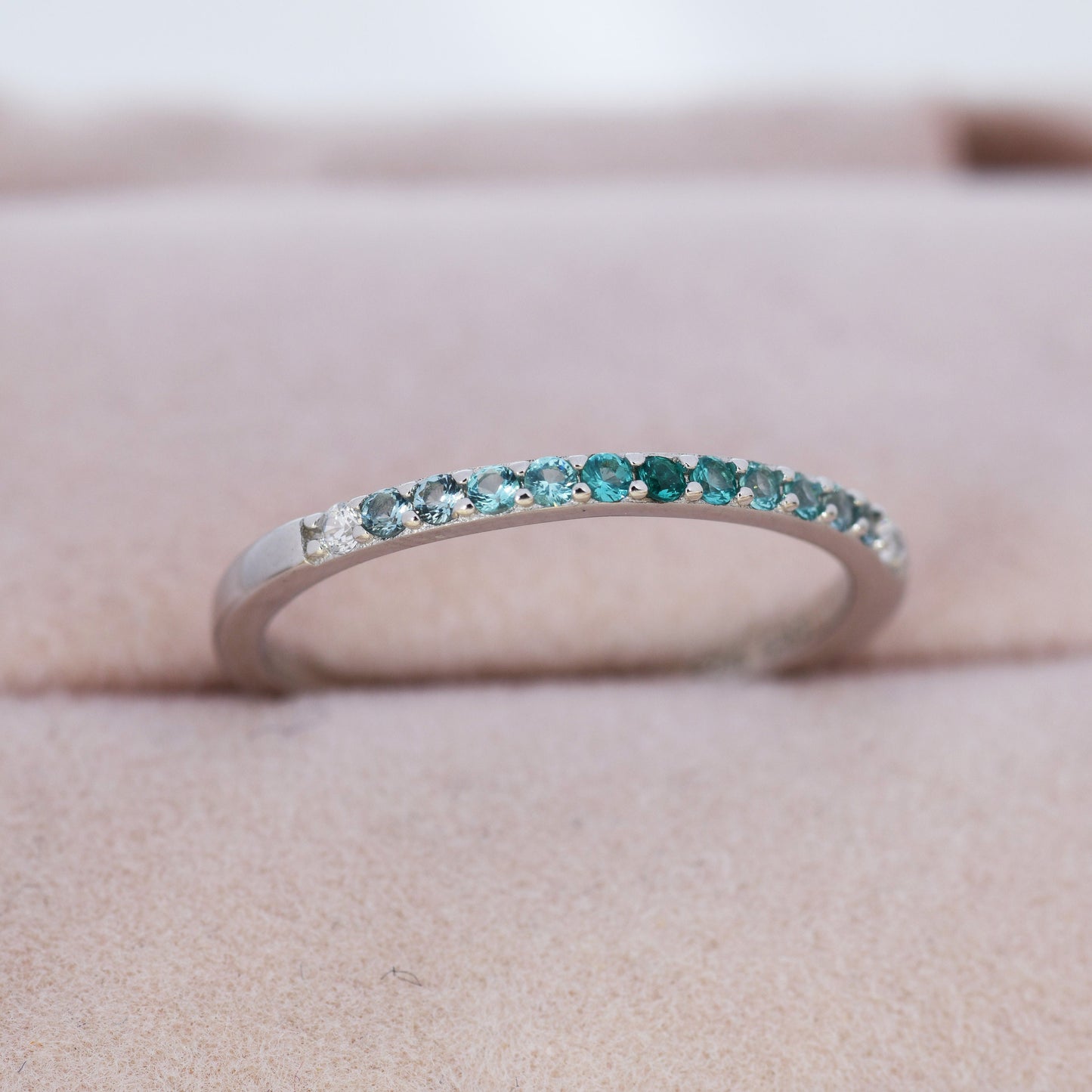 Emerald Green Ombre Half Eternity Ring in Sterling Silver, Silver or Gold, Green CZ Skinny Ring, Minimalist Stacking Ring US 5 - 8
