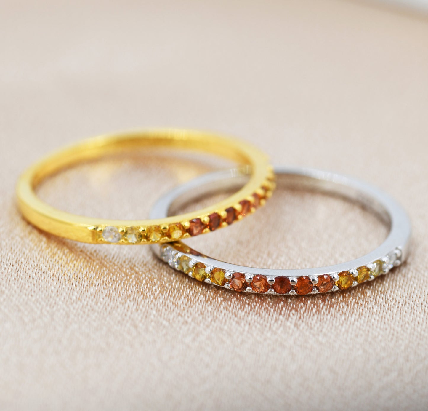 Rainbow Red Ombre Half Eternity Ring in Sterling Silver, Silver or Gold,  Garnet Red CZ Skinny Ring, Minimalist Stacking Ring US 5 - 8