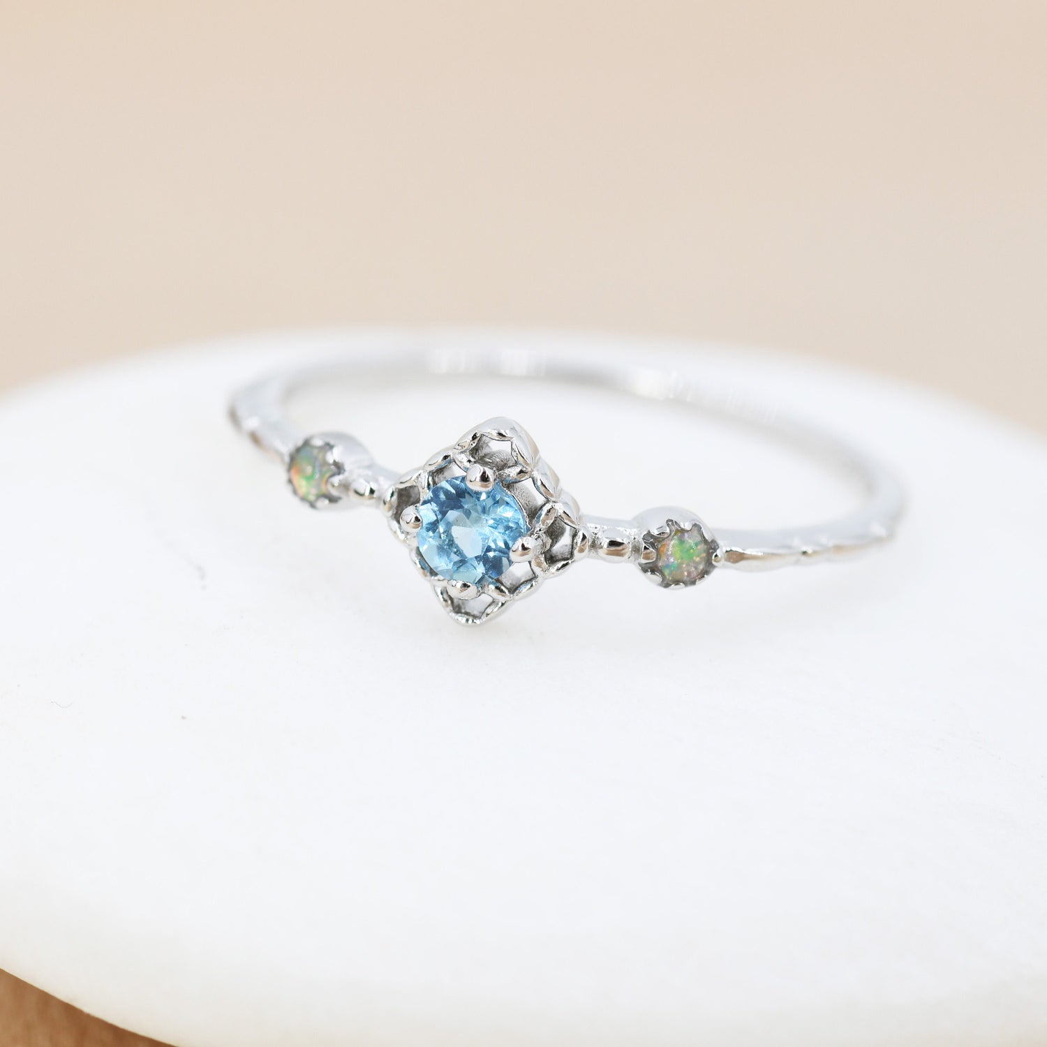 Vintage Swiss Blue Topaz & Opal Gemstone Ring