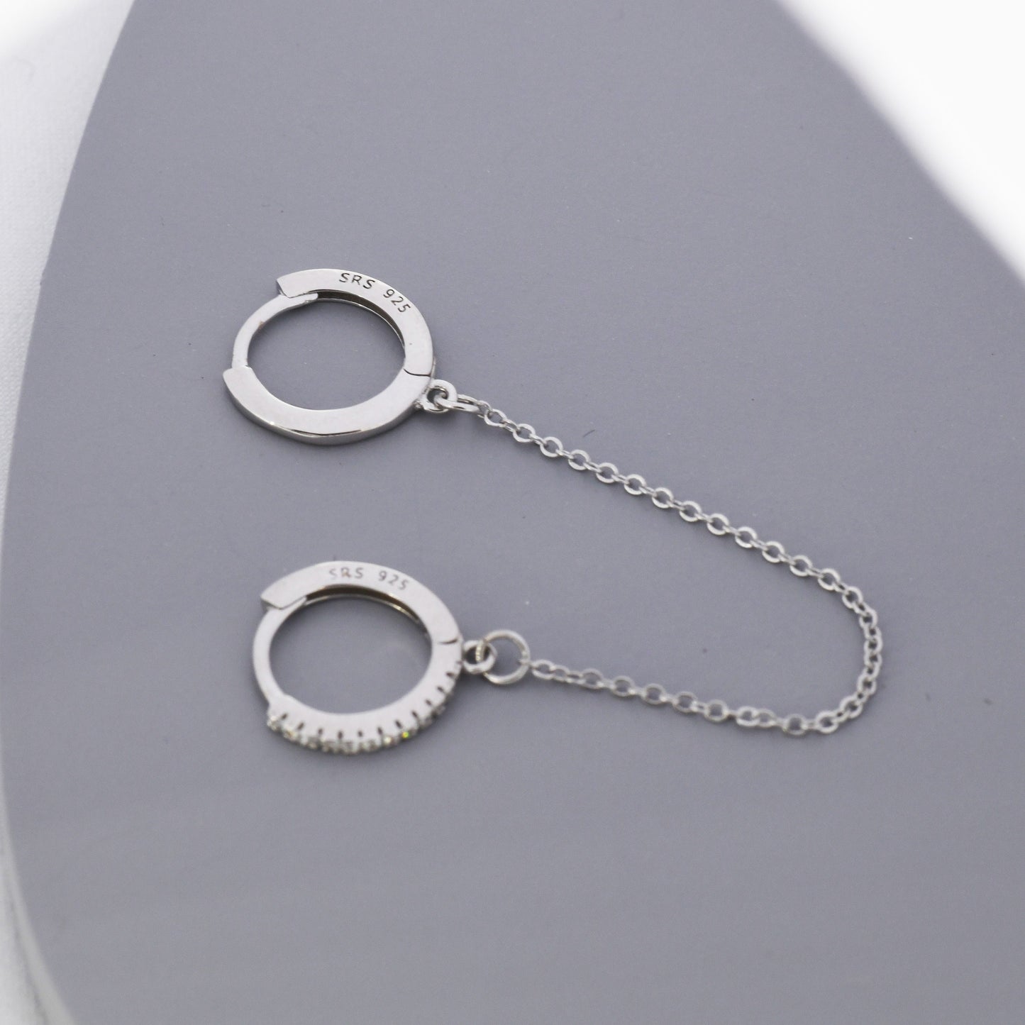 Asymmetric CZ Huggie Hoop Earrings with a Linking Chain, Chained Hoop Earrings, Linked Hoops, Linked Crystal Hoops