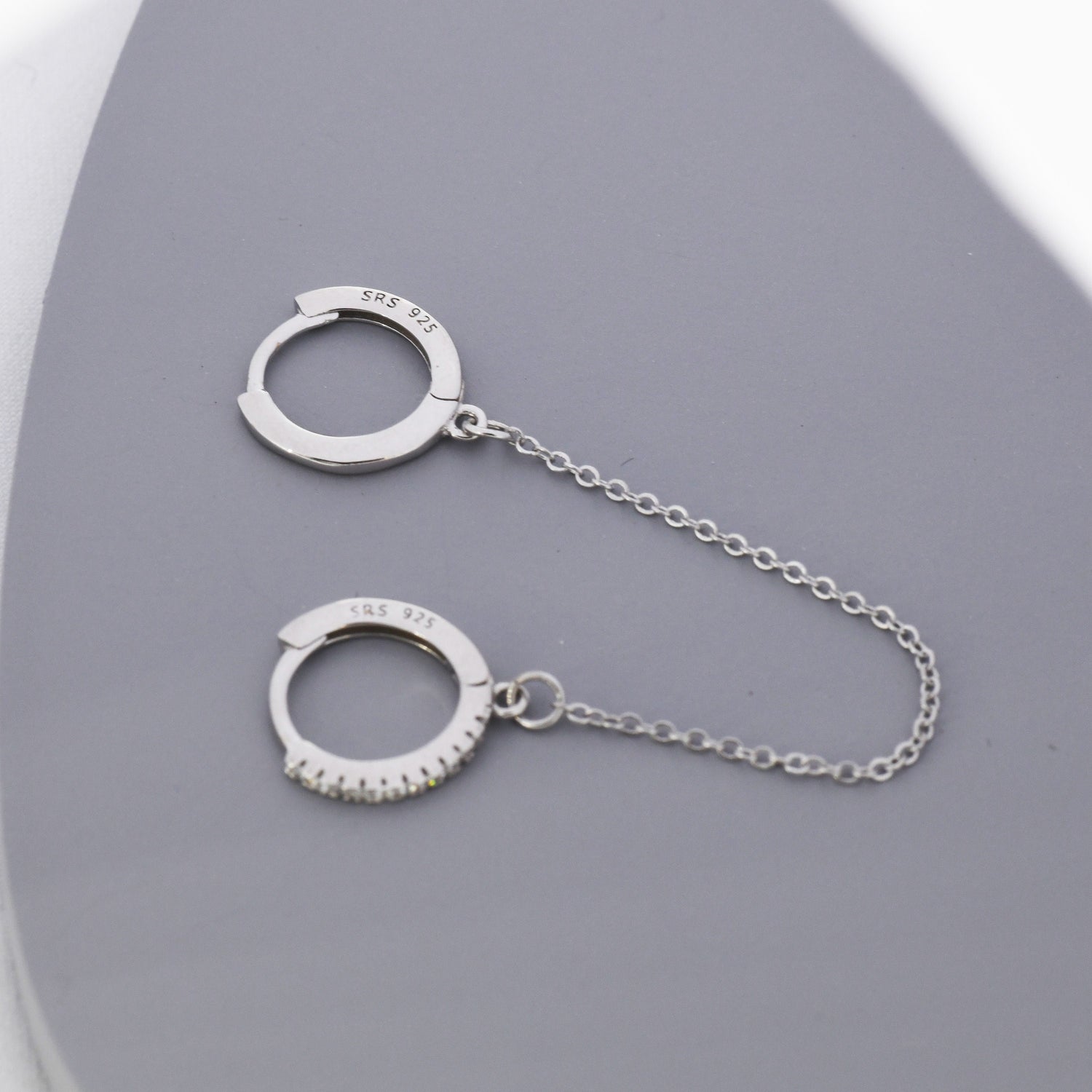 Asymmetric CZ Huggie Hoop Earrings with a Linking Chain, Chained Hoop Earrings, Linked Hoops, Linked Crystal Hoops