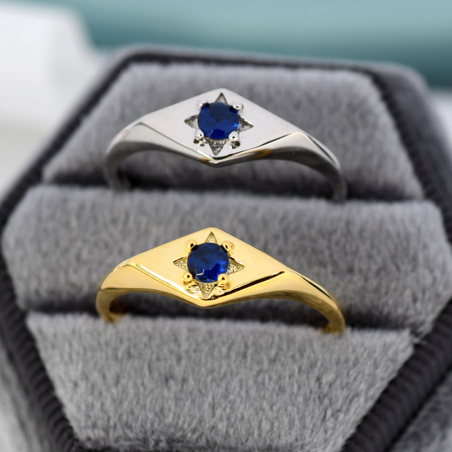 Kite Signet Sapphire Ring in Sterling Silver, Silver or Gold, Starburst Sapphire Blue CZ Ring, Rhombus Ring, US 5 - 8