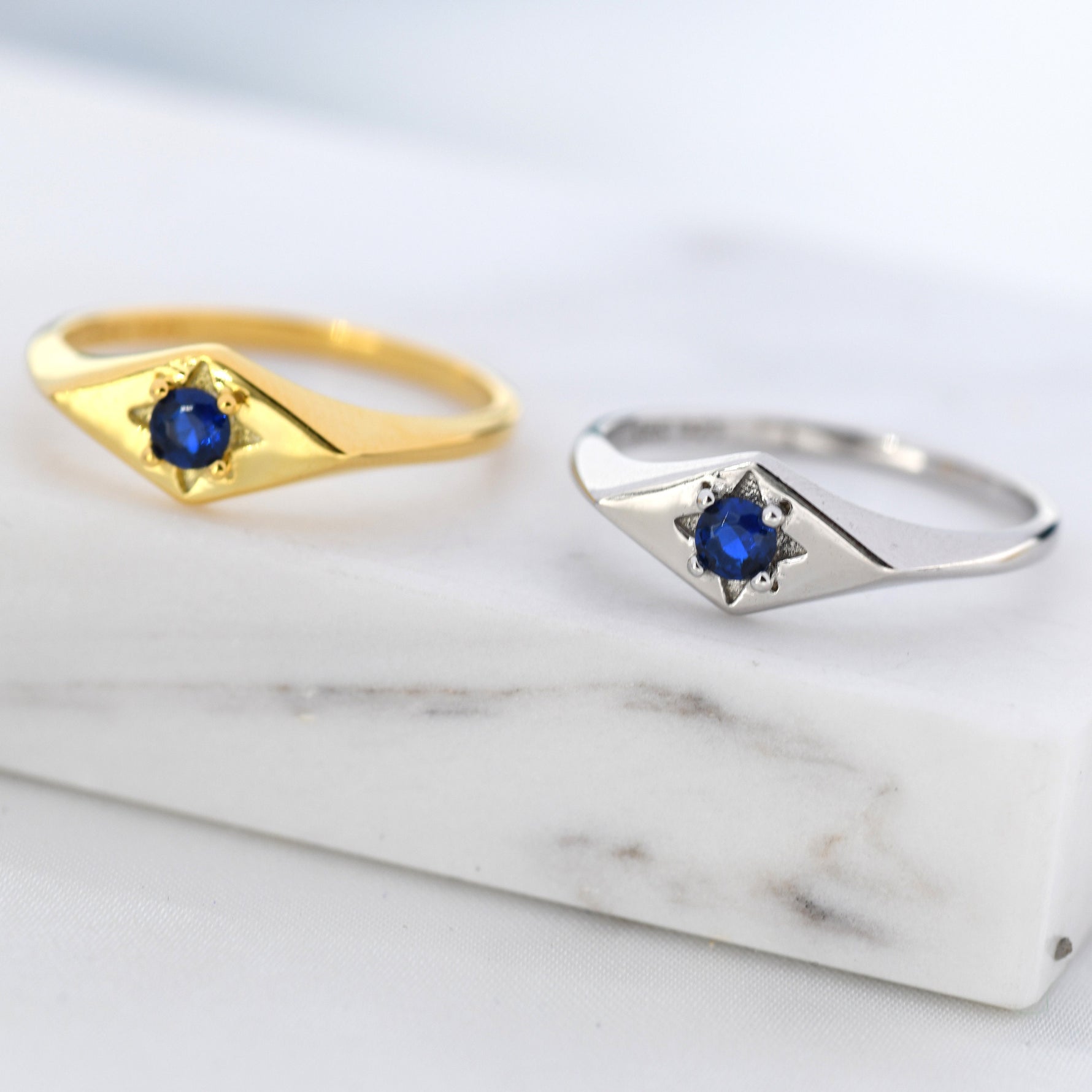 Kite Signet Sapphire Ring in Sterling Silver, Silver or Gold, Starburst Sapphire Blue CZ Ring, Rhombus Ring, US 5 - 8